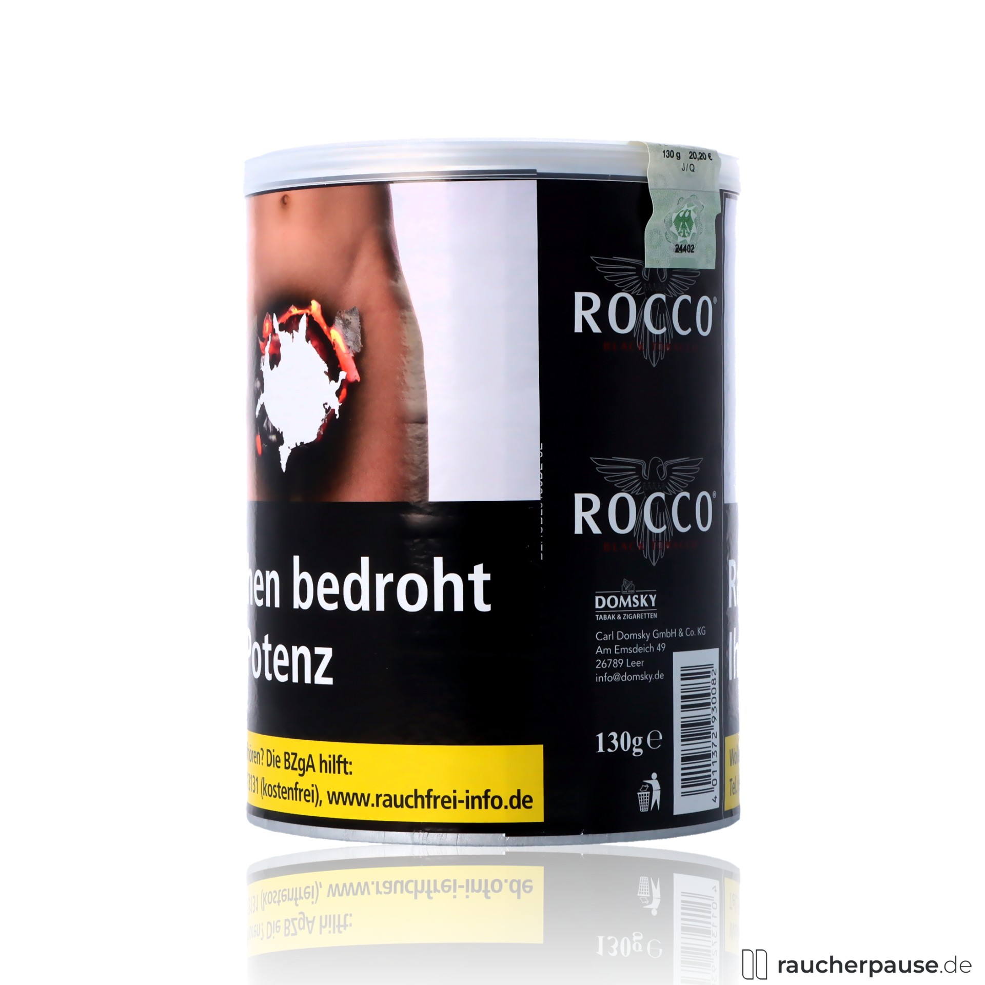 rocco black tobacco drehtabak dose kraeftiger geschmack , packshot seitlich