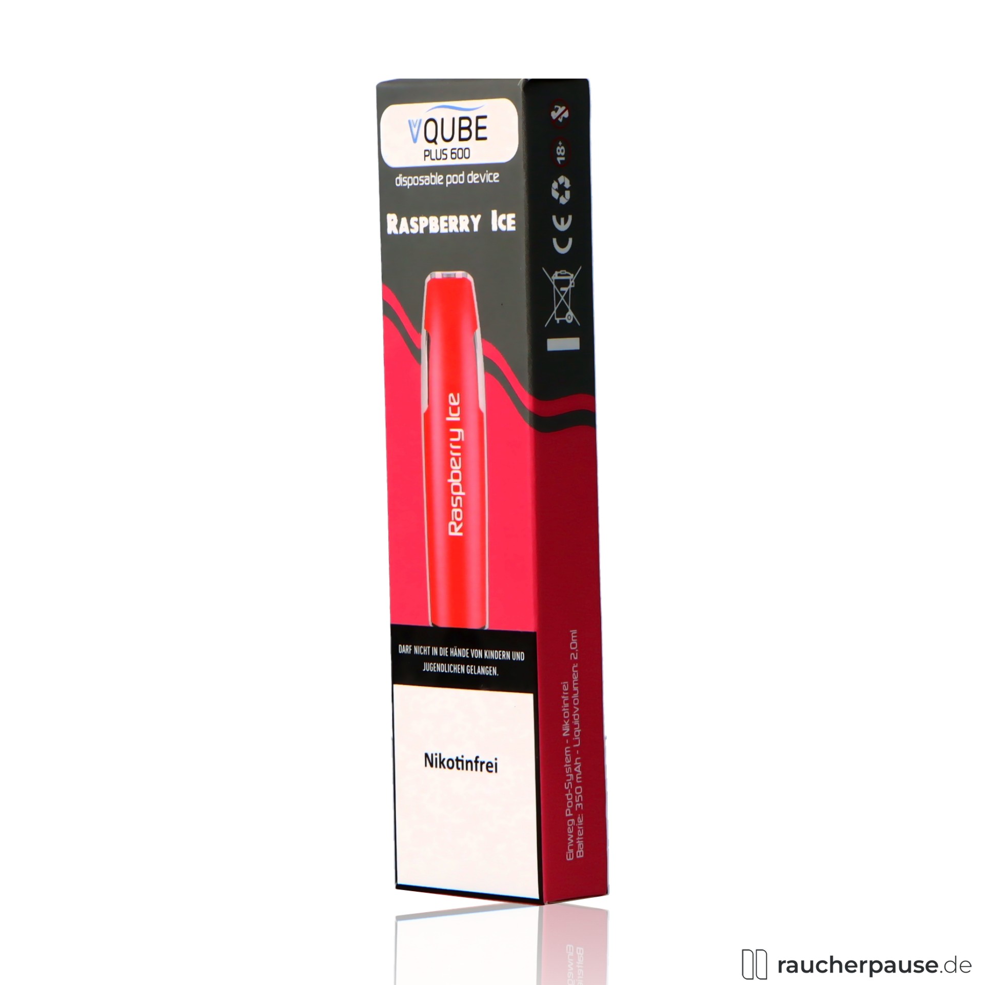 vqube, vqube e shisha raspberry ice 0mg nikotin max zuege himbeere ice , packshot hinterseite