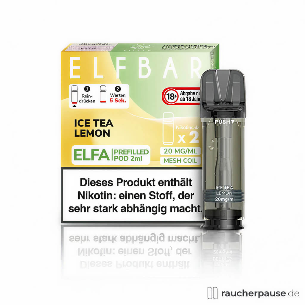 Elfbar ELFA Iced Tea Lemon Pods in gelb-grüner Box mit ELF BAR Logo und roten Details, 20 mg/ml Nikotin, 2er Pack