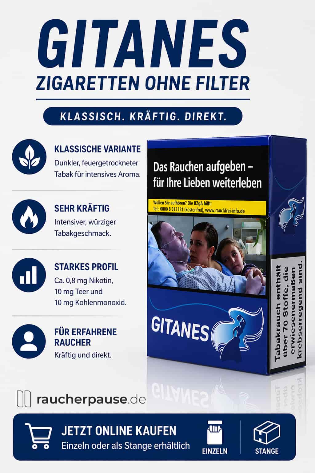 Gitanes Zigaretten ohne Filter kaufen – kräftiger und intensiver Tabakgeschmack