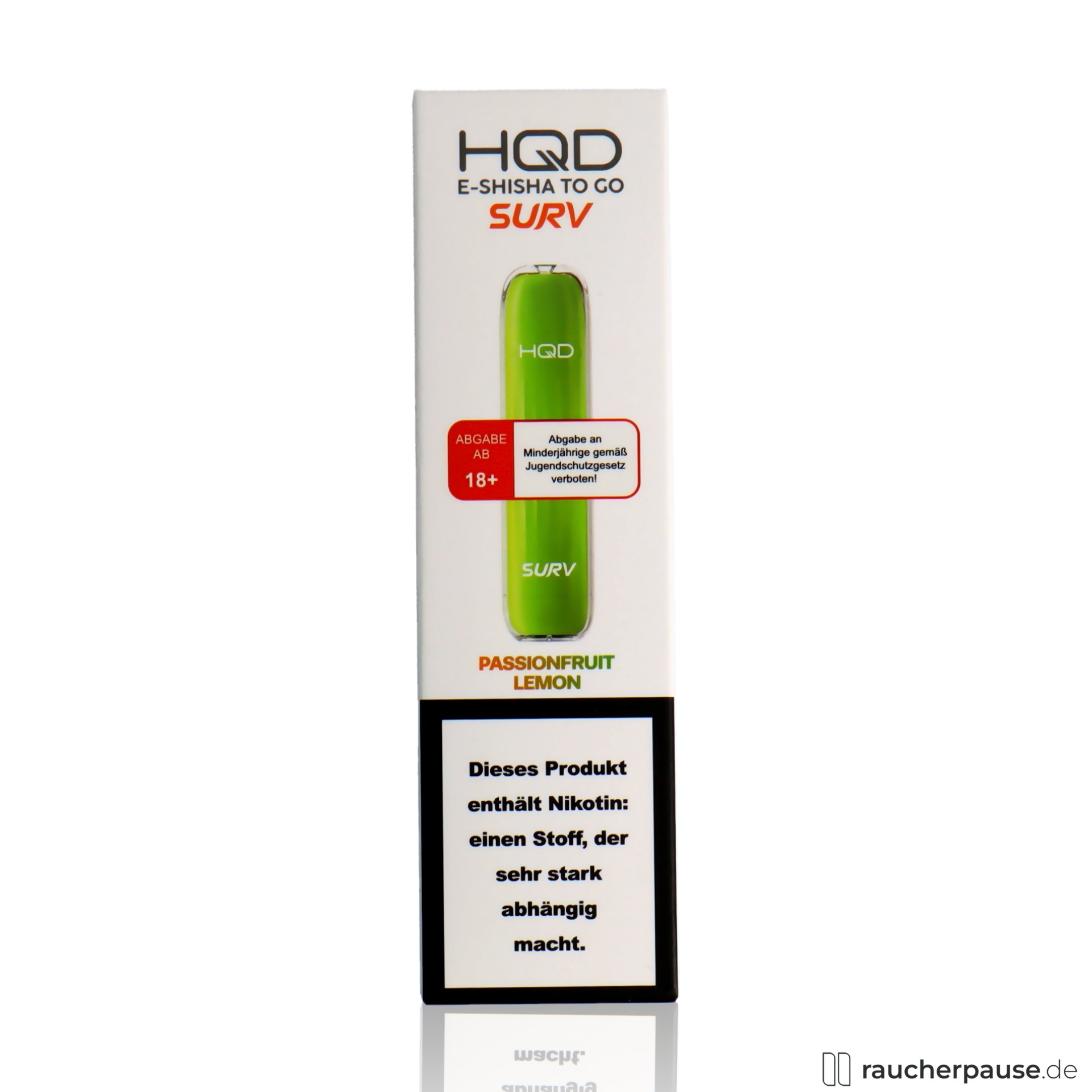 HQD Surv Einweg E-Shisha | Passionfruit Lemon | 18 mg/ml Nikotin | 600 Züge hqd, hqd surv einweg e shisha passionfruit lemon ml nikotin zuege , packshot seitlich