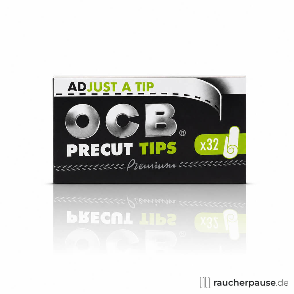OCB Precut Filter Tips, 32 Stück, in schwarzer Box mit grünen und silbernen Details und stilisiertem Logo.