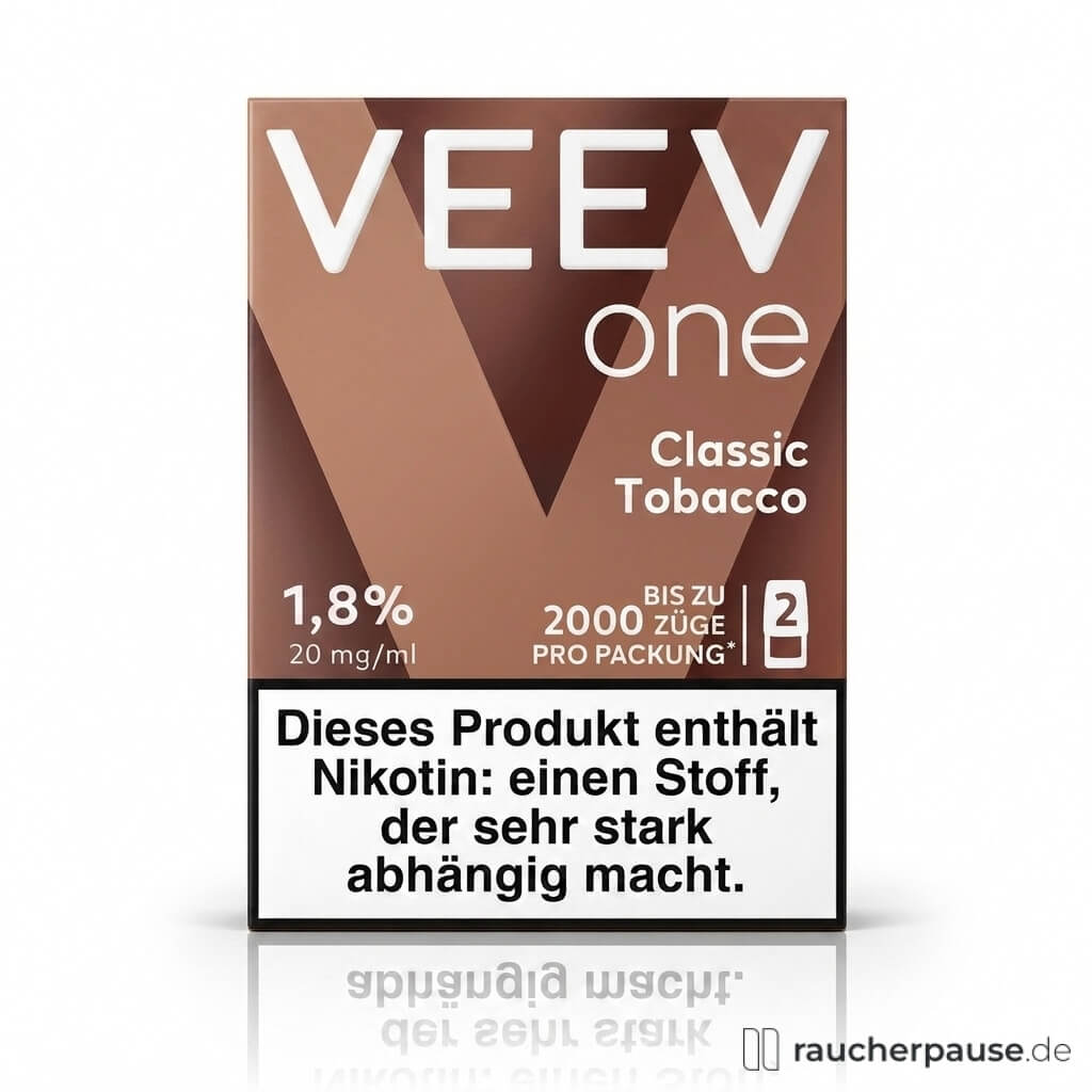VEEV One Classic Tobacco POD-Packung mit Nikotingehalt von 20 mg/ml, Hinweis auf Nikotinabhängigkeit.