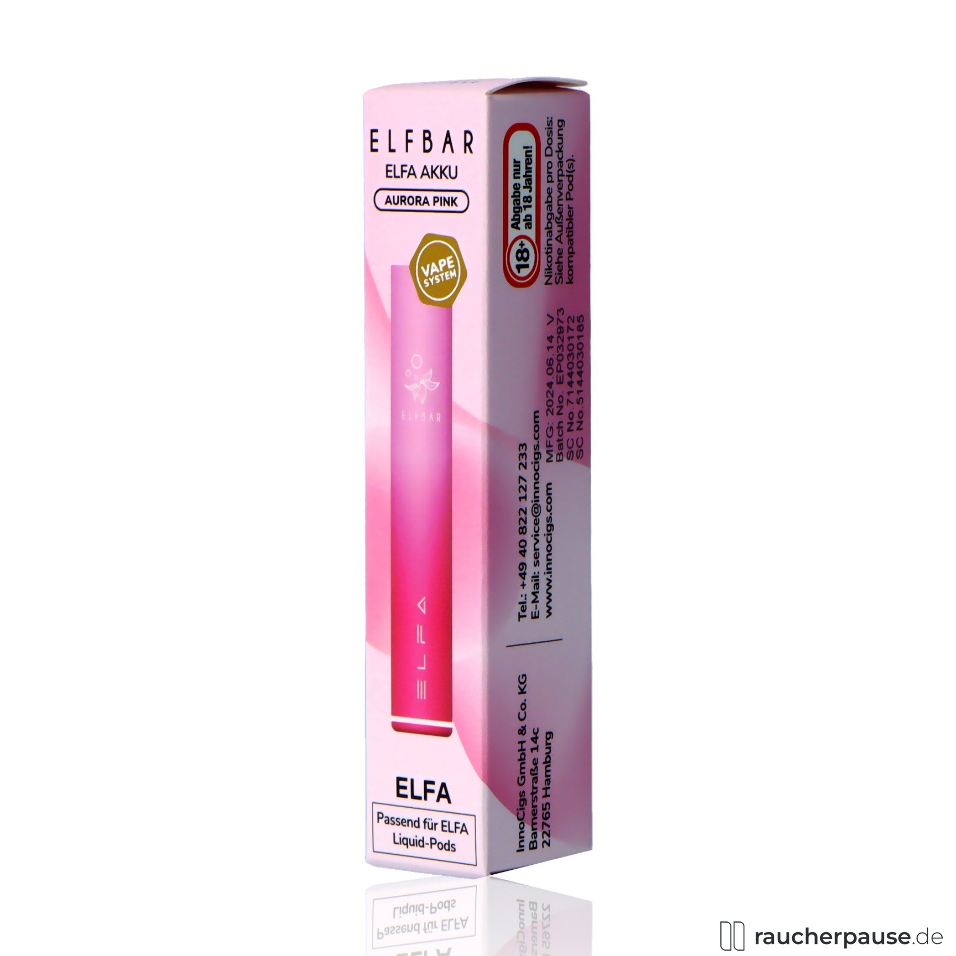 elfbar, elf bar elfa traeger aurora pink e zigaretten system, packshot seitlich