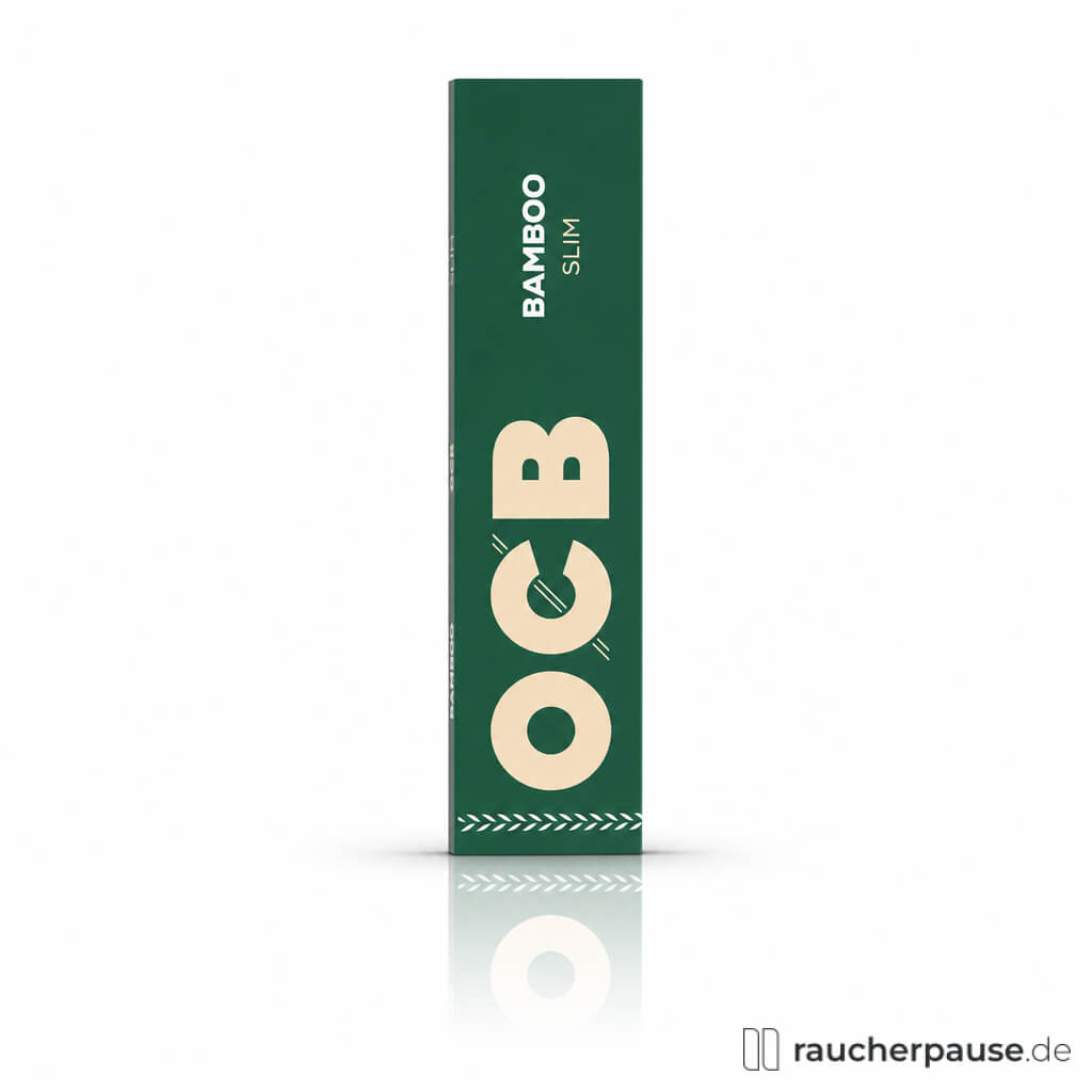 OCB Bamboo Slim Zigarettenpapier, 32 Blättchen, in einer schlanken, hochformatigen grünen Box mit beige Logo und Schrift.