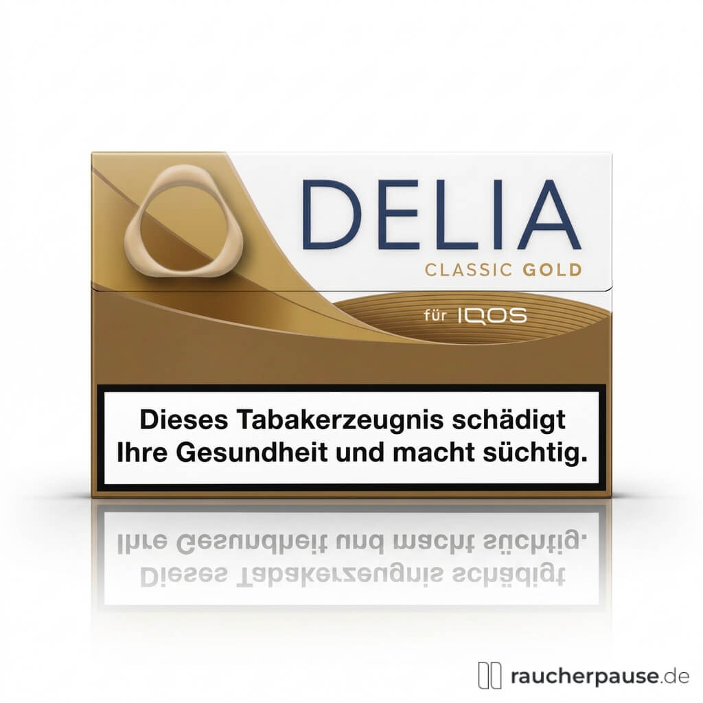 DELIA Classic Gold Tabaksticks in weiß-goldener Dose mit stilisiertem Silber-Blatt-Logo und blauem Schriftzug, IQOS ILUMA kompatibel, 20 Stück, Intensität 7.