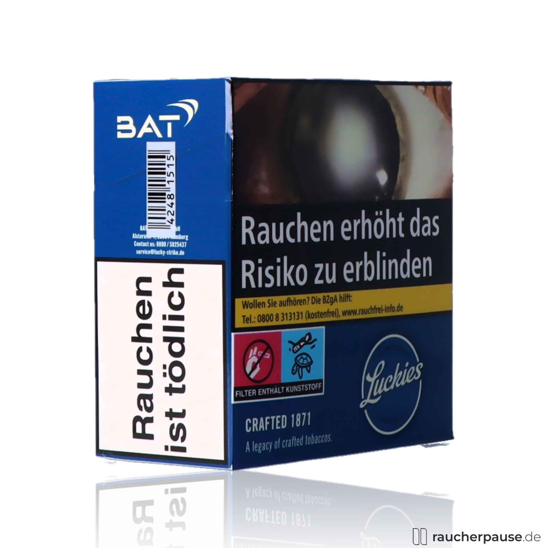 Die Luckies Crafted 1871 Blue Hercules Zigaretten in rechteckiger blauer Verpackung mit stilisiertem Buchstaben 'B' und Schriftzug 'BAT' im Logo.