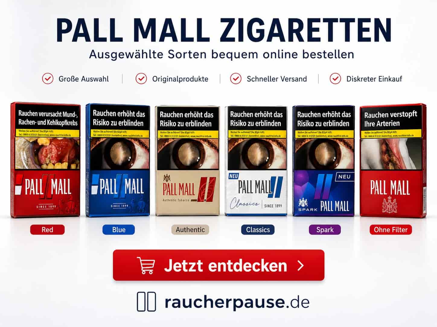 Pall Mall Zigaretten Sortiment mit Red, Blue, Authentic, Classics, Spark und ohne Filter Varianten