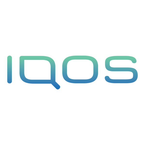 Das IQOS Logo, weißer Hintergrund und grün/blau Farbverlauf