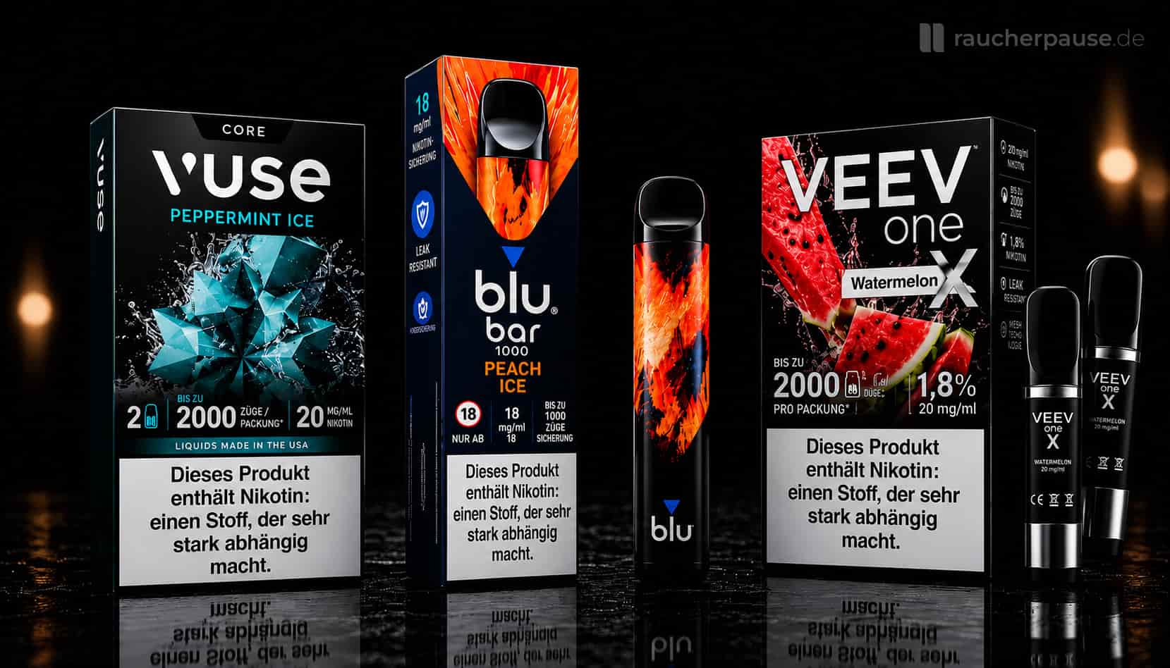 Vuse, VEEV und Blu Vape Geräte im Bannerbild