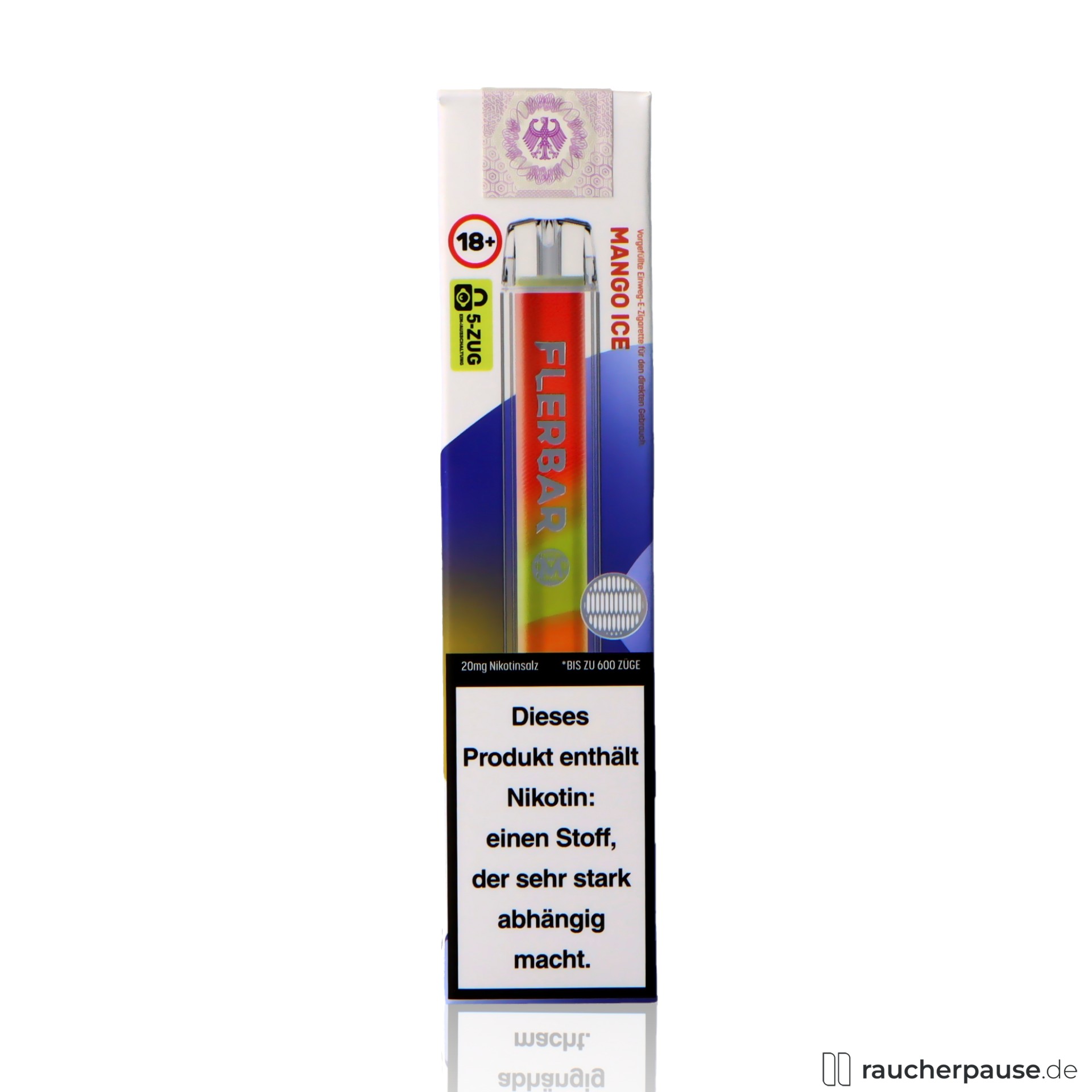 Flerbar Einweg Vape | Mango Ice | 600 Züge | 20 mg/ml Nikotin | Mango & Ice flerbar, flerbar einweg vape mango ice zuege ml nikotin mango ice , packshot hinterseite