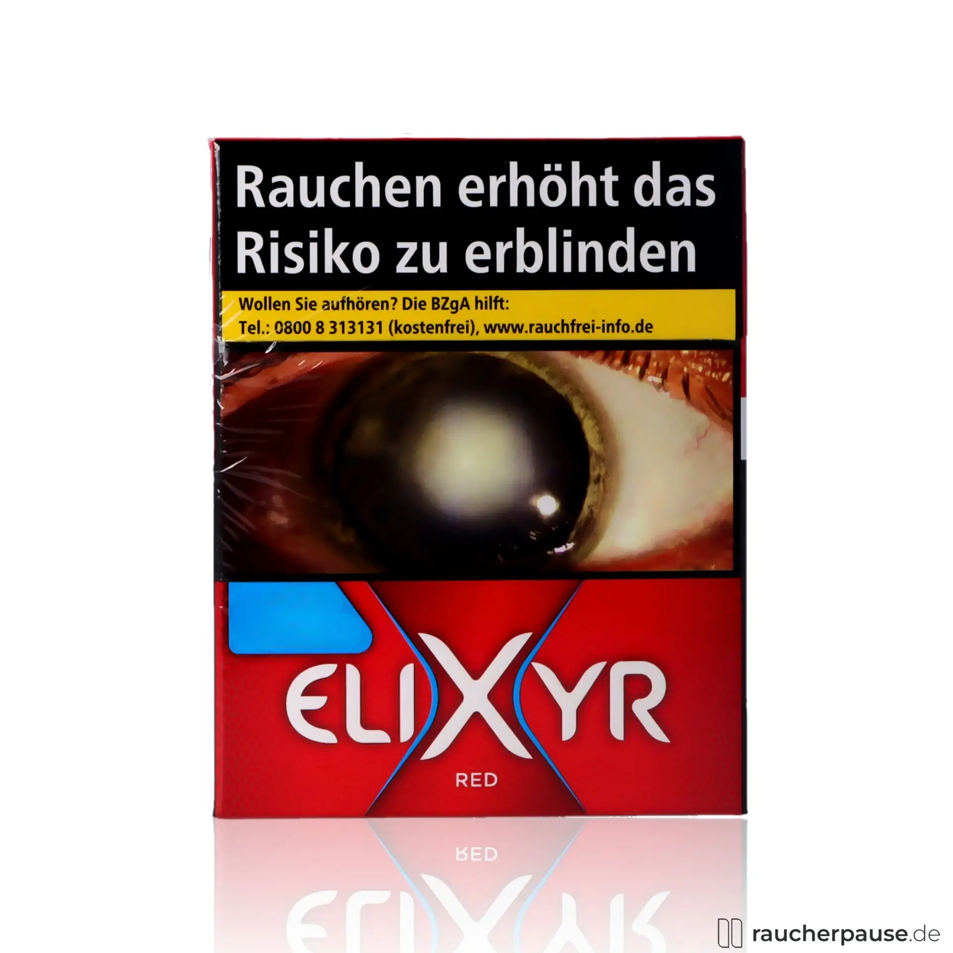 Elixyr Red Super Zigaretten, 39 Stk. pro Packung, in einer quadratischen Box mit glänzender roter Oberfläche und weißem Logo auf blauem Hintergrund.