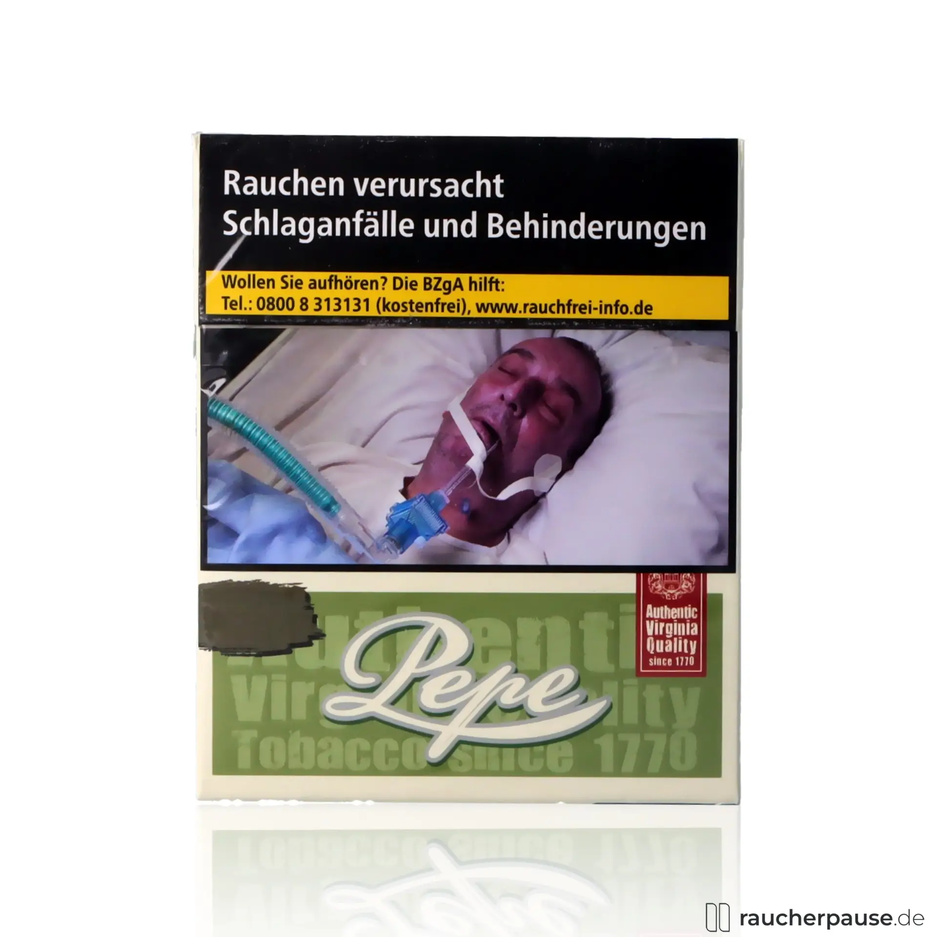 Pepe Rich Green Super Zigaretten, 40 Stk. pro Packung, in einer eleganten Dose mit grünem Hintergrund, rotem Logo und weißem Schriftzug 'Authentic Virginia Quality since 1770'.