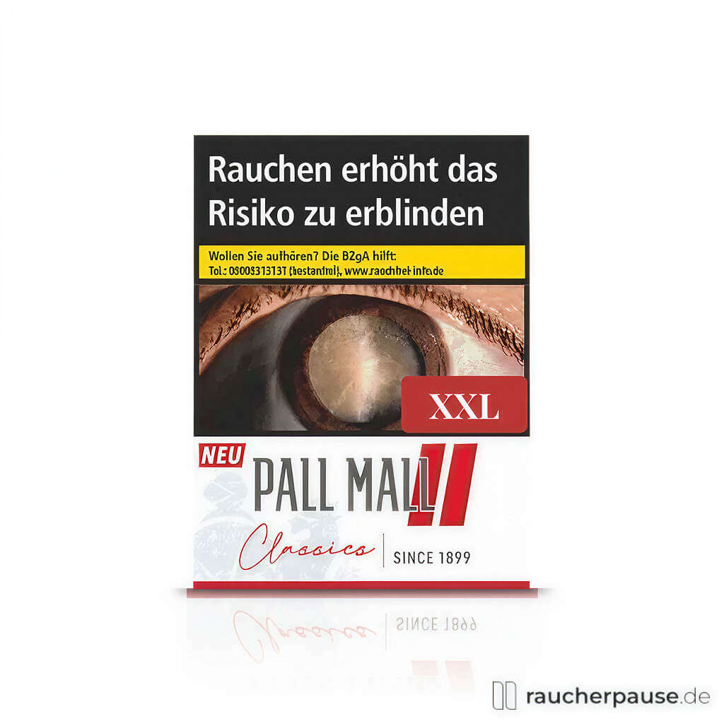 Pall Mall Classics Red Zigaretten XXL, King Size Filter in quadratischer Dose mit roter und weißer Verpackung und schwarz-rotem Logo.