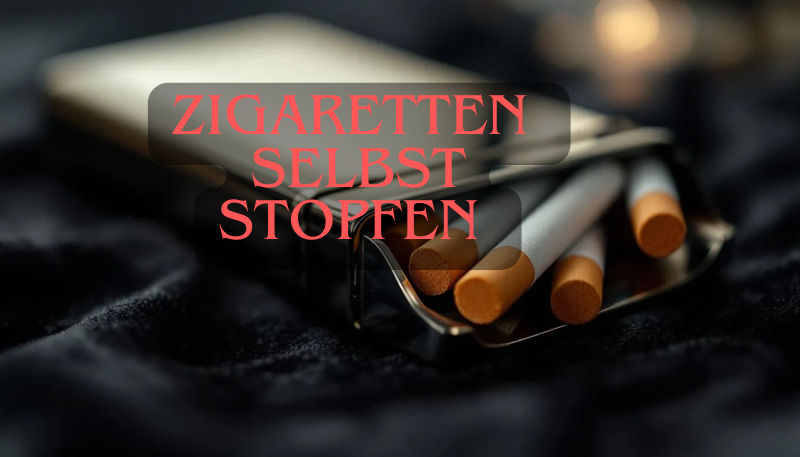 Bild von Zigaretten auf schwarzem Untergrund mit dem Schriftzug "Zigaretten selbst stopfen"