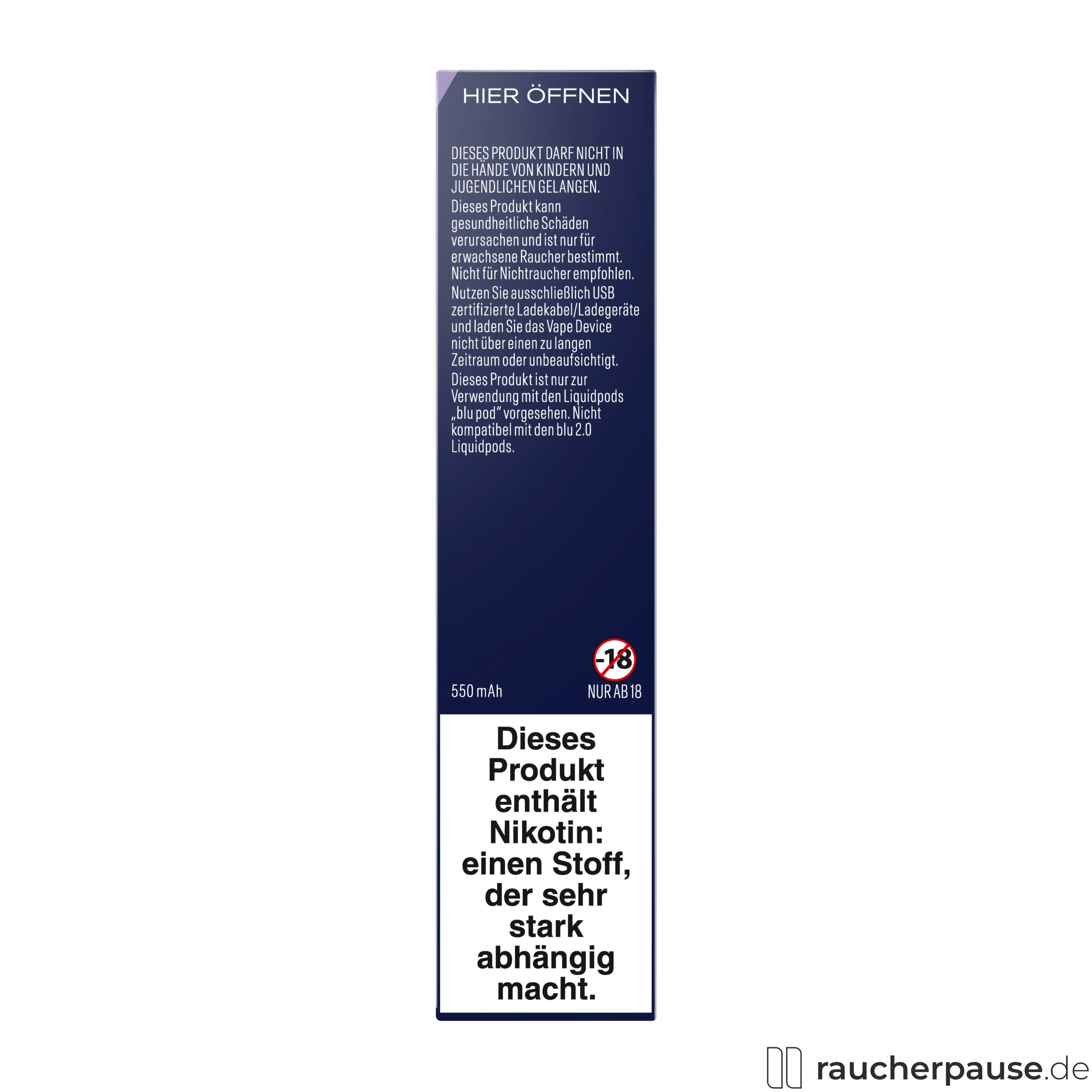 Das Blu Bar Kit Device E-Zigarette in einer schmalen, hochformatigen Dose mit silbernem Logo in modernem Design.