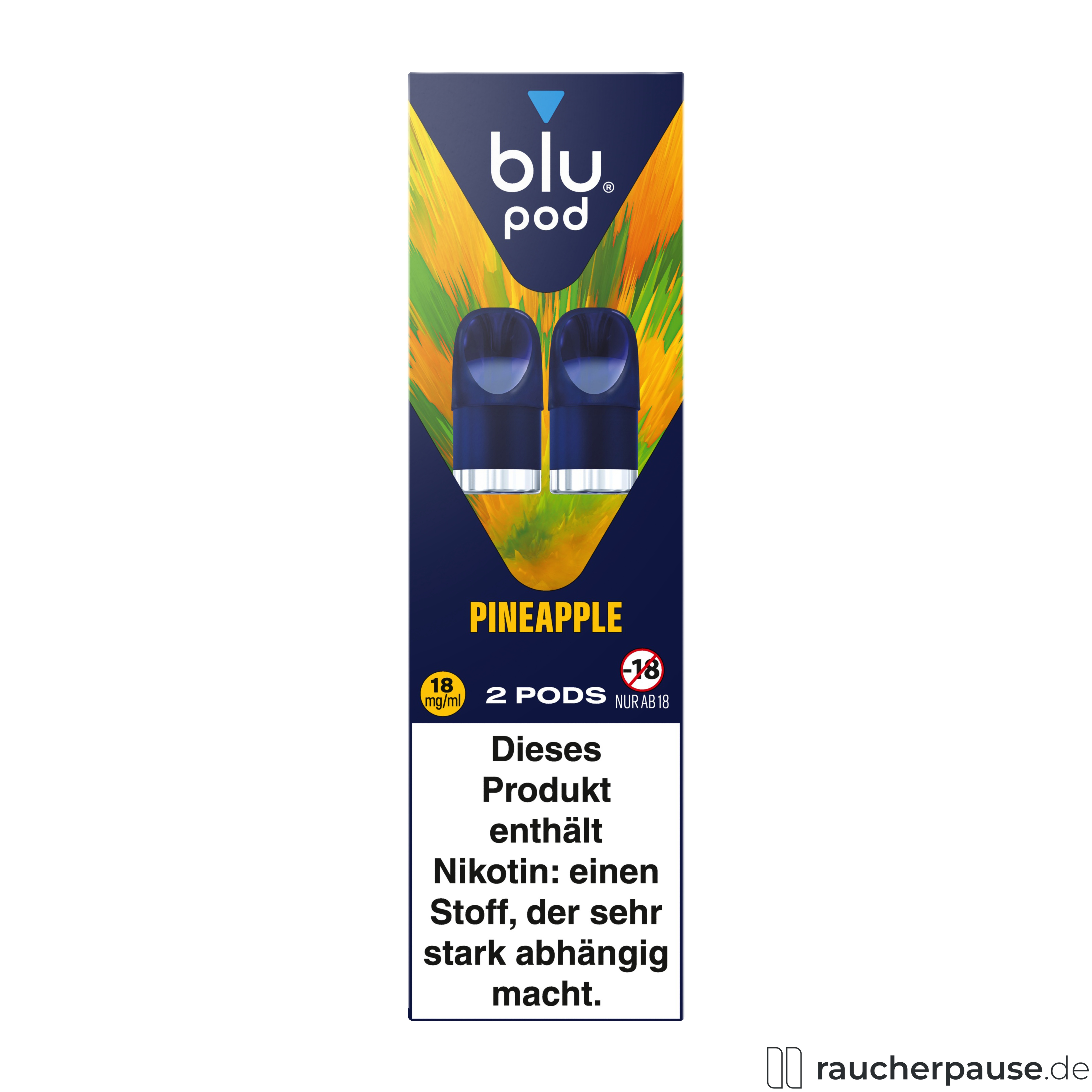 Blu Pod Pineapple Ice 18mg/ml Nikotin | 2 Pods | Kompatibel mit Blu Bar Kit E-Zigarette blu, blu pod pineapple ice , packshot seitlich