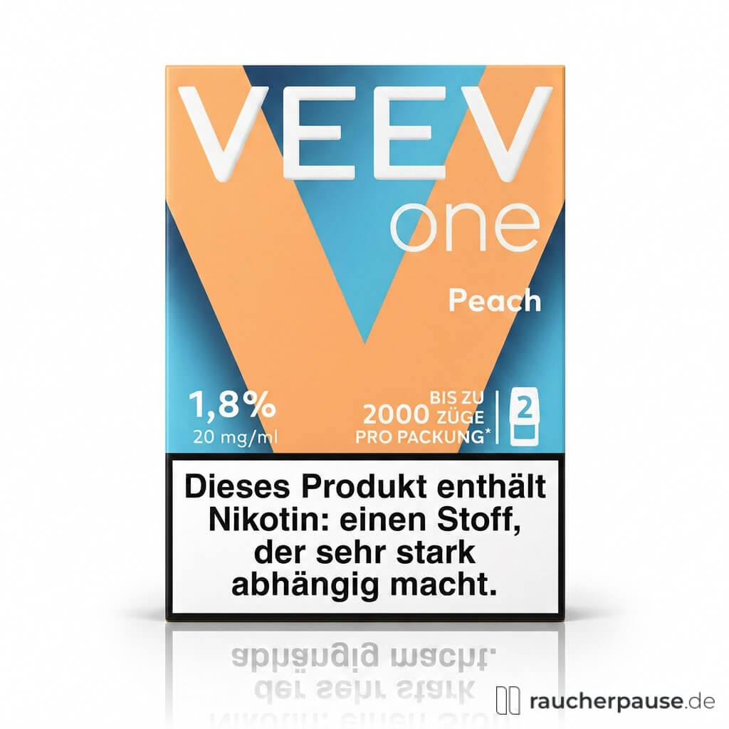 VEEV One Pod Peach, 20 mg/ml Nikotin, 2 Pods in moderner, orangefarbener und blauer Verpackung mit großem "V"-Logo.