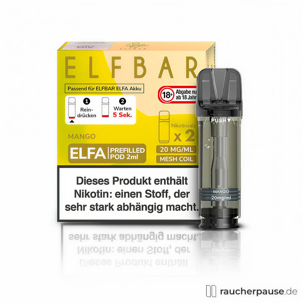 Elf Bar Elfa Prefilled Pods Mango 20mg/ml Nikotin 2x2ml in gelber Box mit quadratischem Design und farbigen ELF BAR Logo auf gold- und schwarzem Hintergrund.
