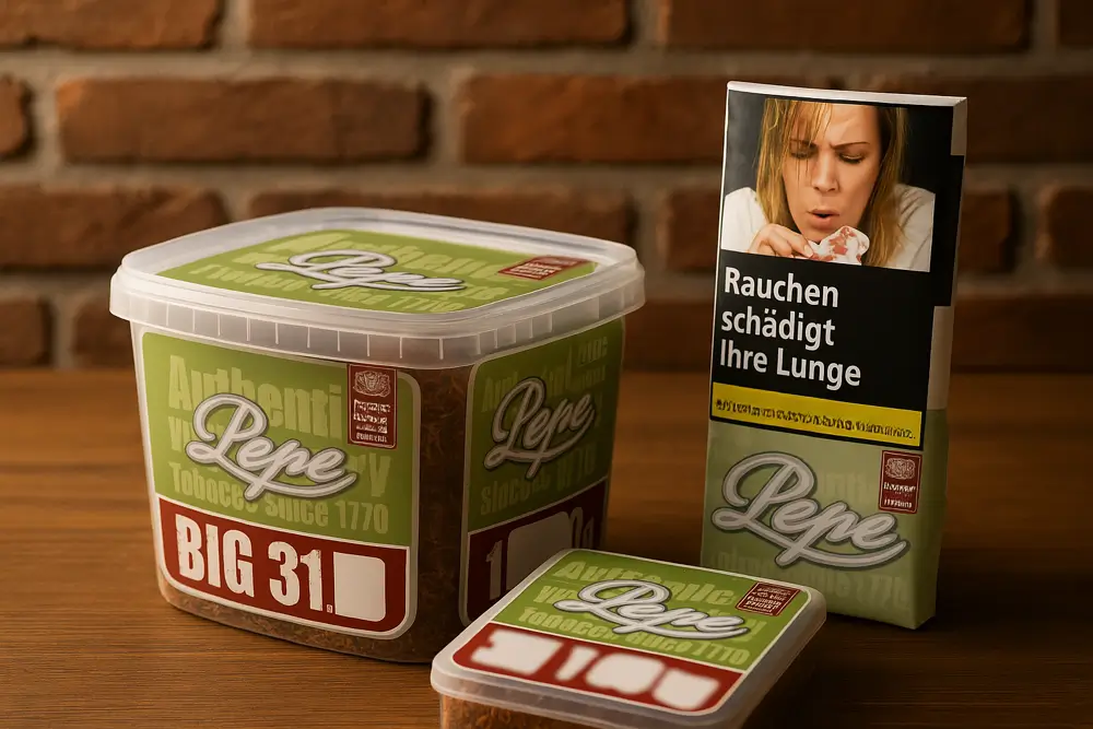 Pepe Tabakprodukte in verschiedenen Verpackungen, einschließlich großer Dose mit „BIG 31“ und kleiner Schachtel, mit Warnhinweis „Rauchen schädigt Ihre Lunge“.
