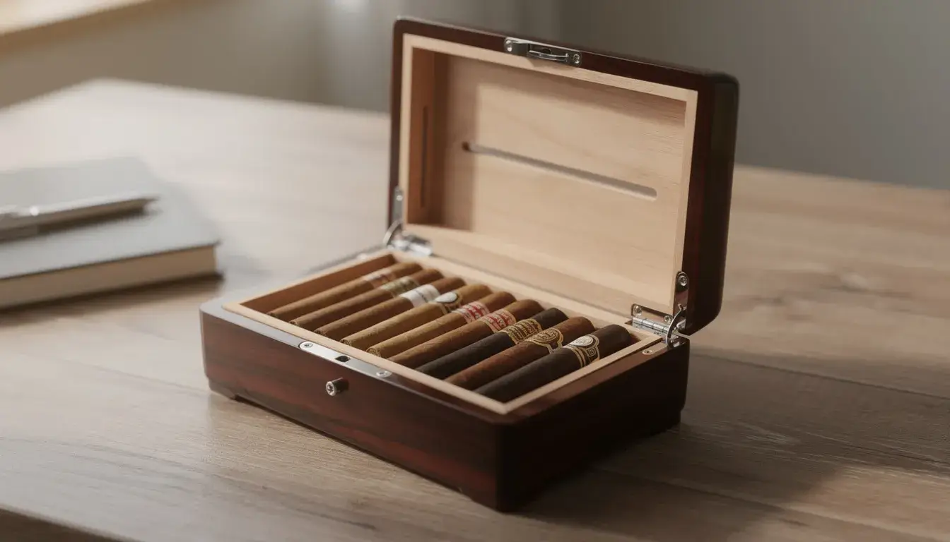 Ein kleiner Humidor steht auf einem Schreibtisch und enthält verschiedene Zigarillos, darunter aromatisierte Varianten mit Vanillearoma.