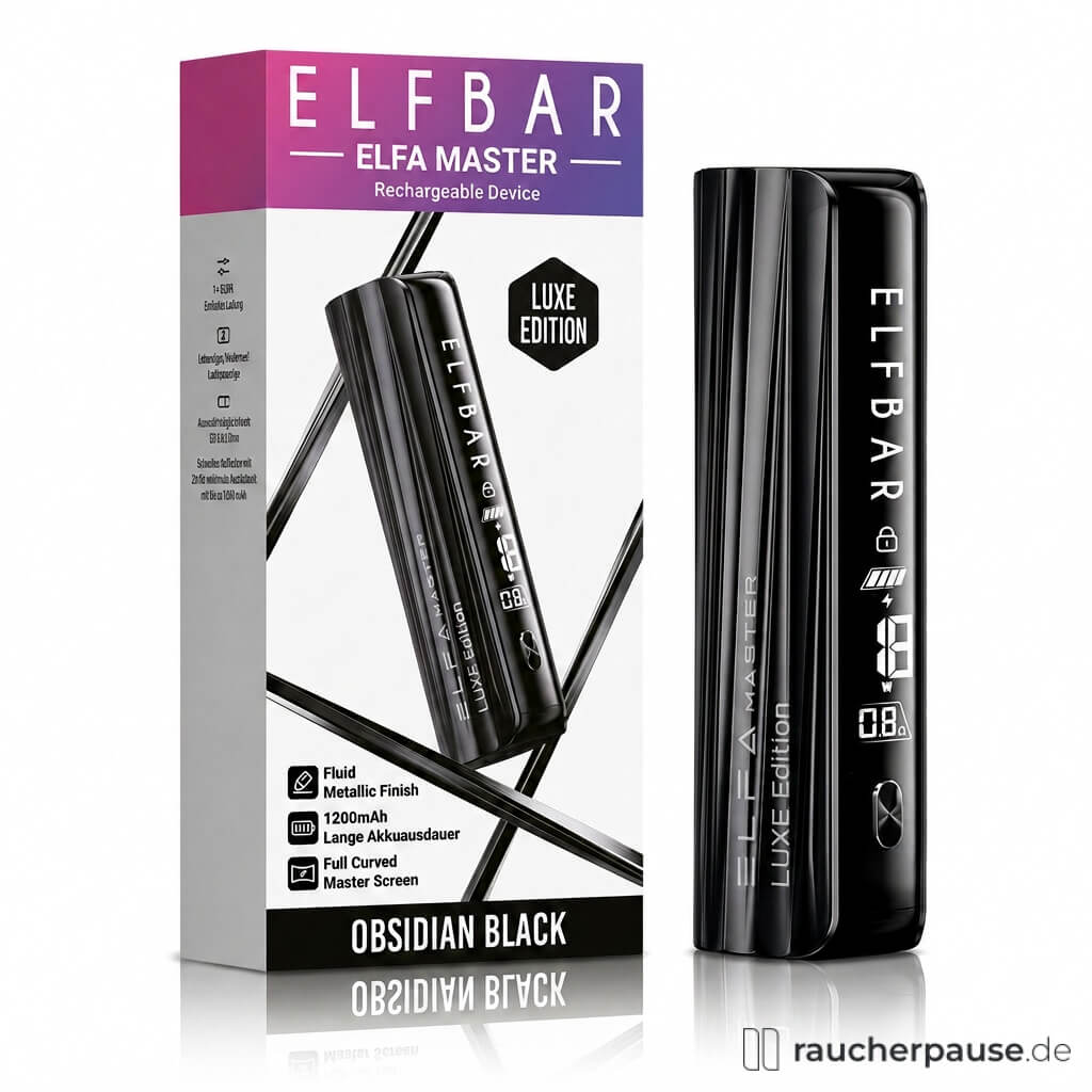 ELFBAR ELFA Master Luxe Edition 1200 mAh Akku in Obsidian Black mit weißem Logo auf schwarzer und lila Verpackung.