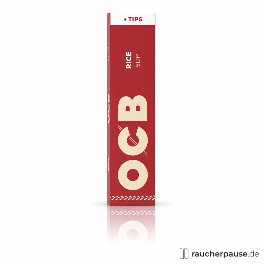 OCB Rice Unbleached Slim Zigarettenpapier mit Tips in roter Box mit weißem Logo und Muster, beschriftet mit 'RICE SLIM' und 'TIPS'.