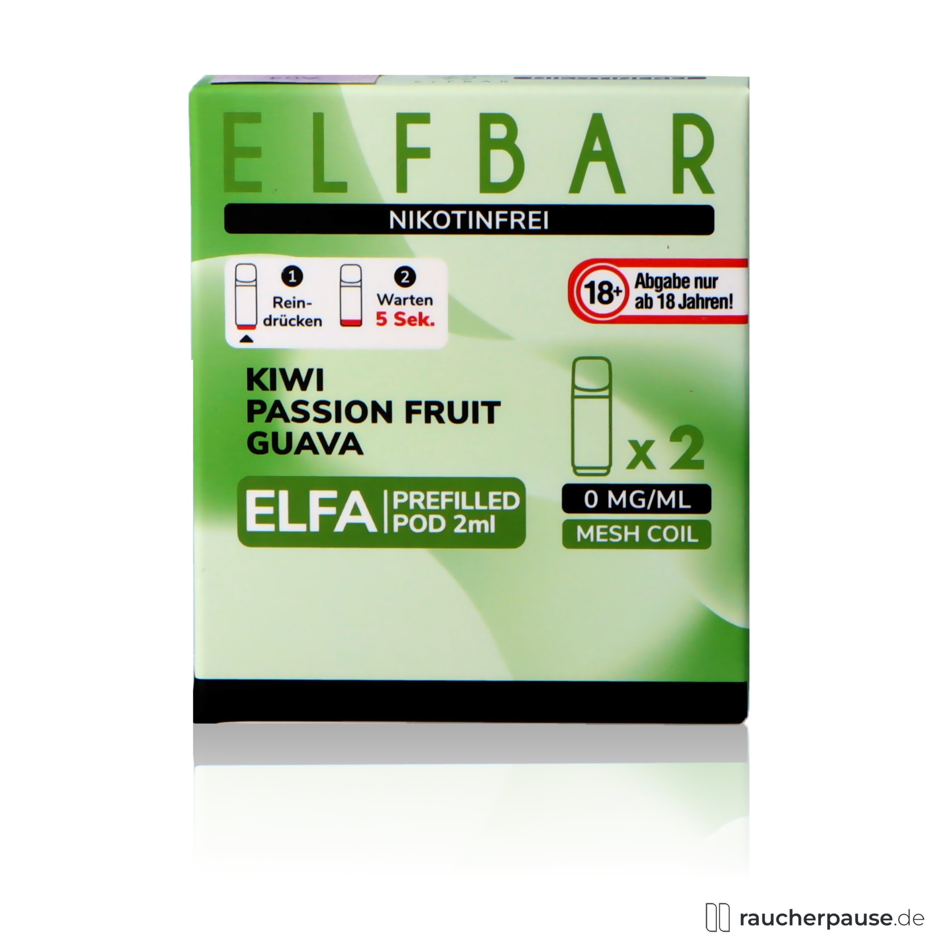 Elf Bar Elfa Prefilled Pods Kiwi Passionfruit Guava | Nikotinfrei | 2x2ml elfbar, elf bar elfa prefilled pods kiwi passionfruit guava nikotinfrei, packshot hinterseite