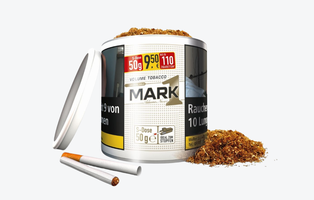 Mark1 Tabak Dose mit losem Tabak und Zigaretten daneben