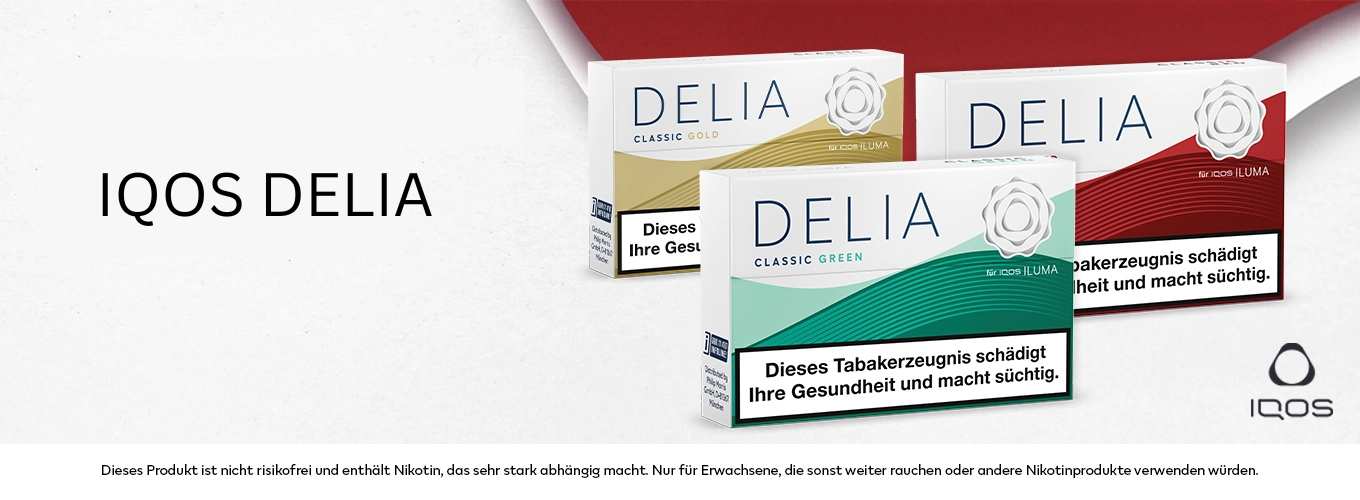 Alle 3 verschiedenen IQOS Delia Sorten, Gold, Rot und Grün mit Logo
