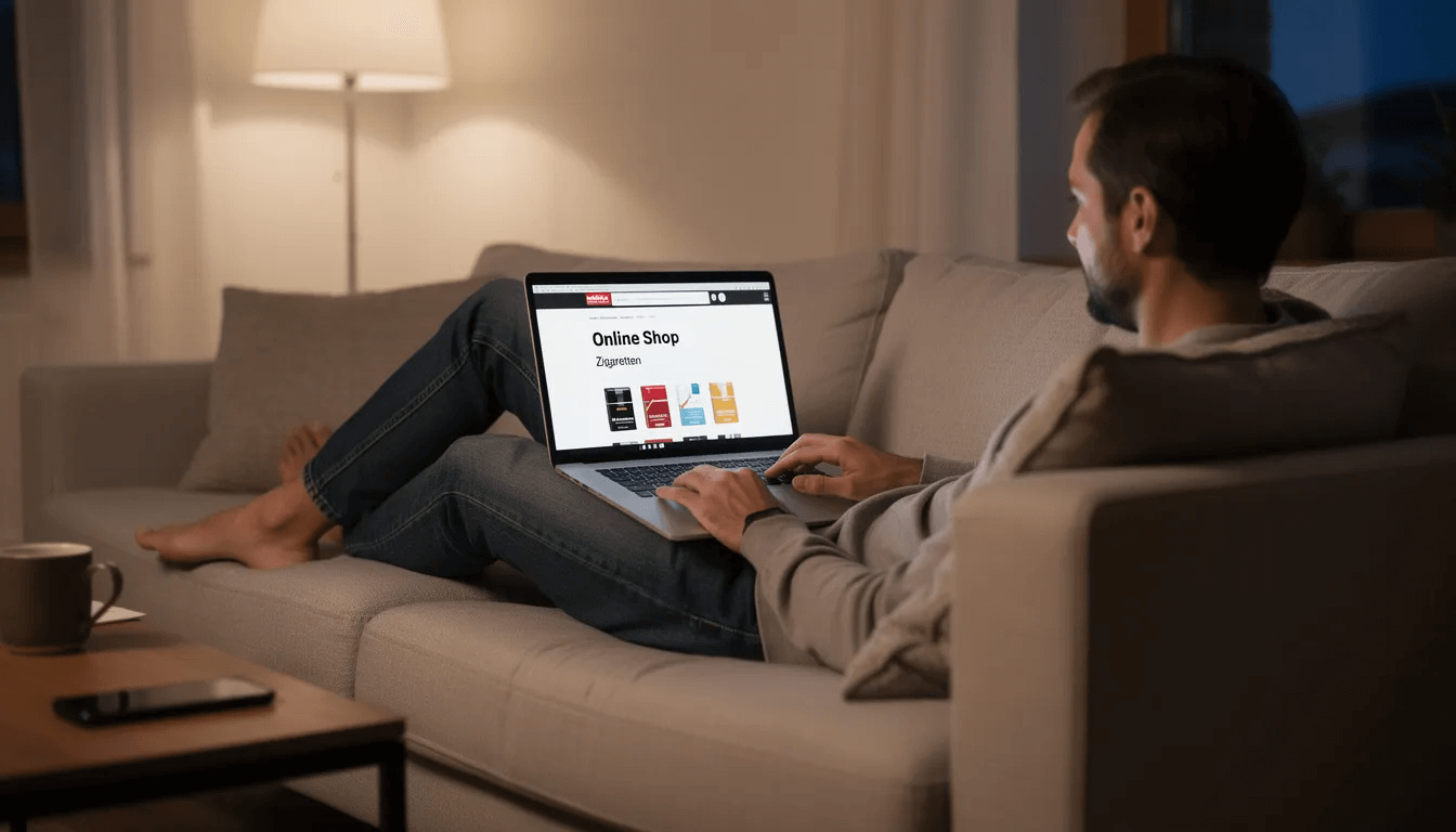 Eine Person sitzt entspannt auf der Couch und bestellt Zigaretten online über ihren Laptop. Auf dem Bildschirm sind verschiedene Top-Marken und Sorten zu sehen, während sie den Warenkorb mit ihrem Lieblingsprodukt füllt.