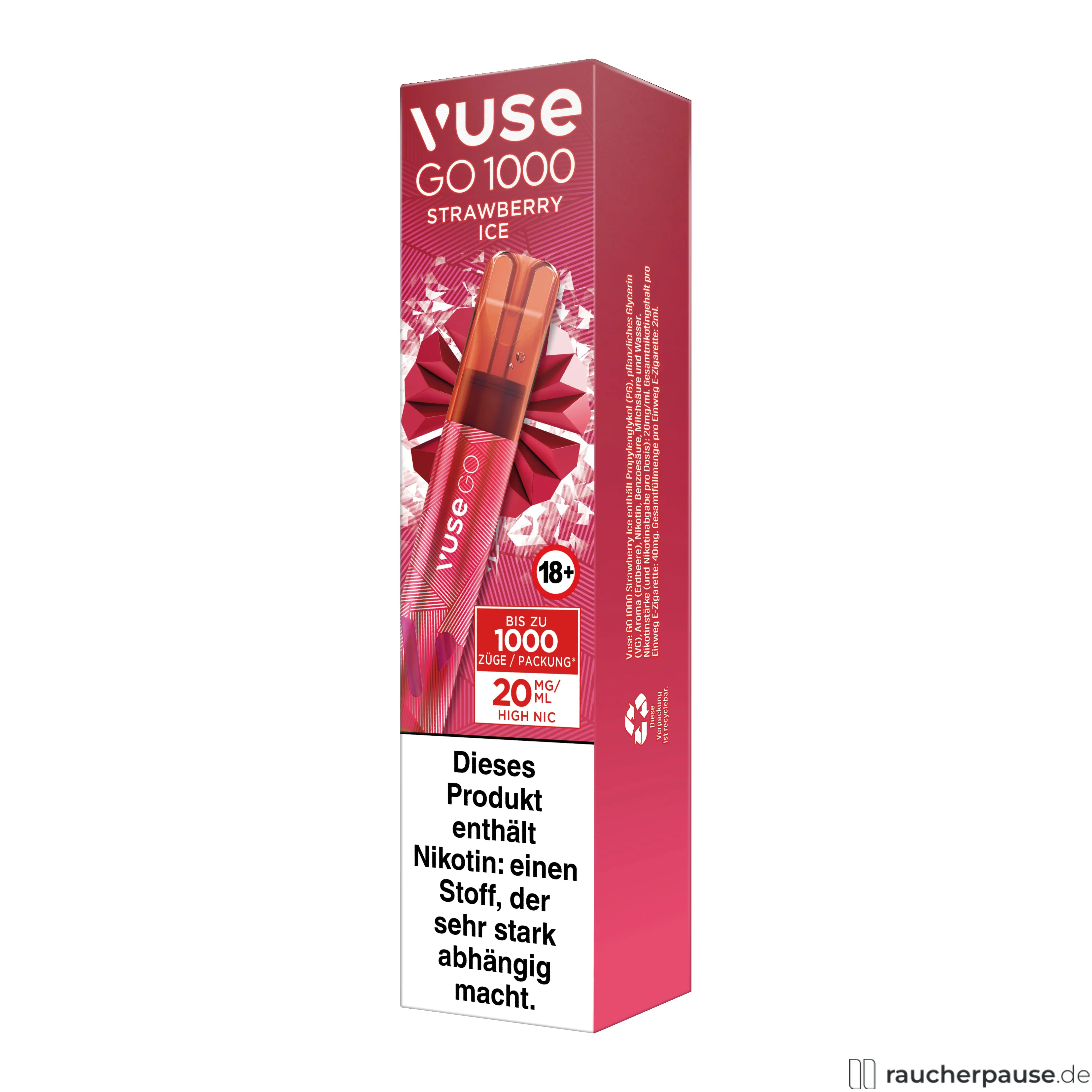 Vuse GO 1000 E-Shisha Strawberry Ice 20mg/ml Nikotin Einweg 1000 Züge in pink-roter Verpackung mit stilisiertem E-Zigaretten-Modell und geometrischen Musterungen.