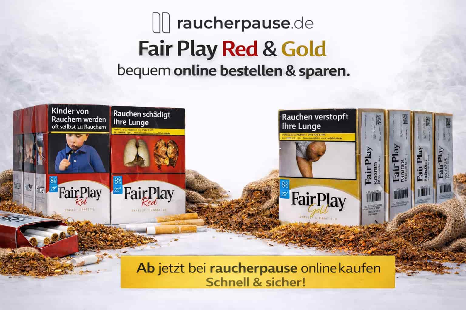 Auswahl an Fair Play Red und Gold Zigarettenstangen auf losem Tabak präsentiert – Bequem und günstig online bestellen bei raucherpause.de.
