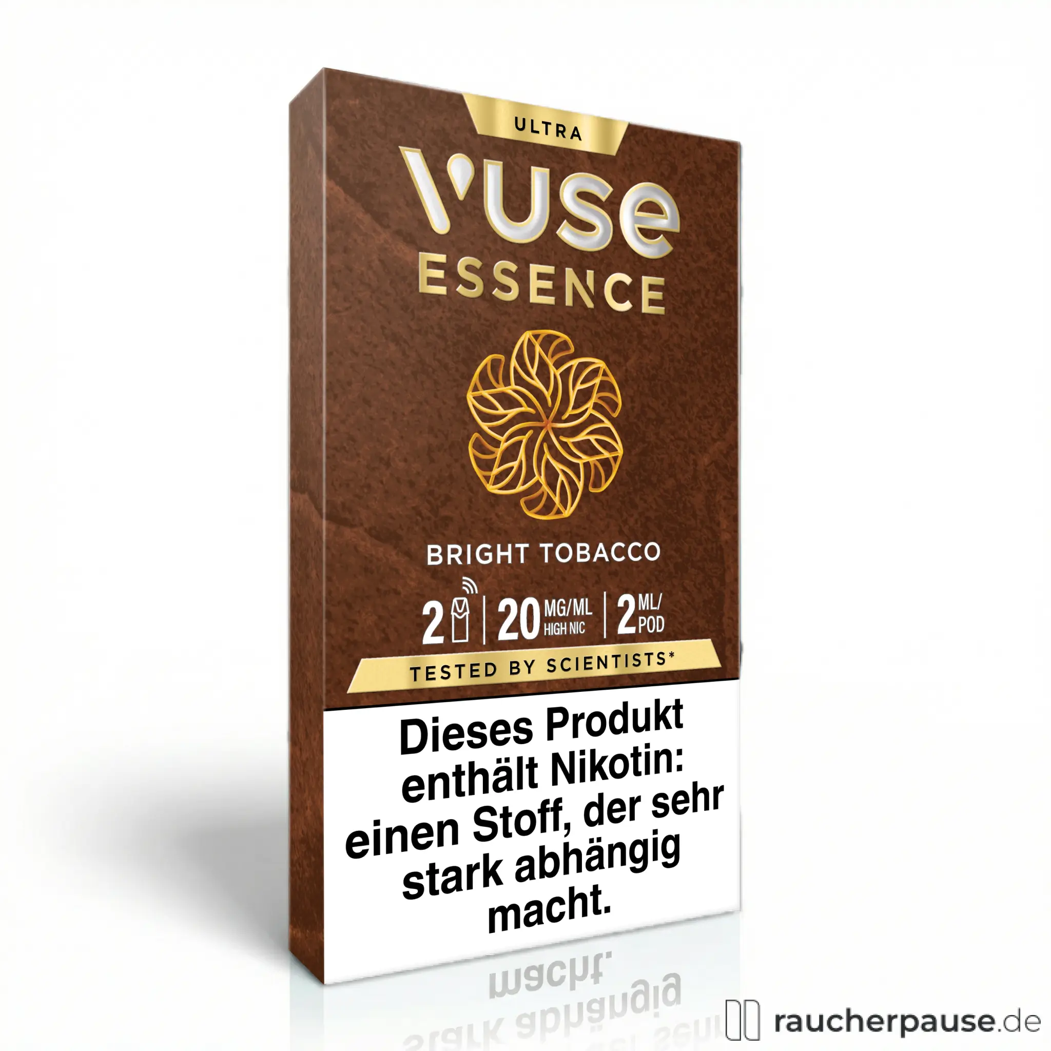 Vuse Pods Bright Tobacco, 20 mg/ml Nikotin, 2 Pods in einer hochformatigen, braunen Box mit goldenem Logo und stilisierten Blättern.