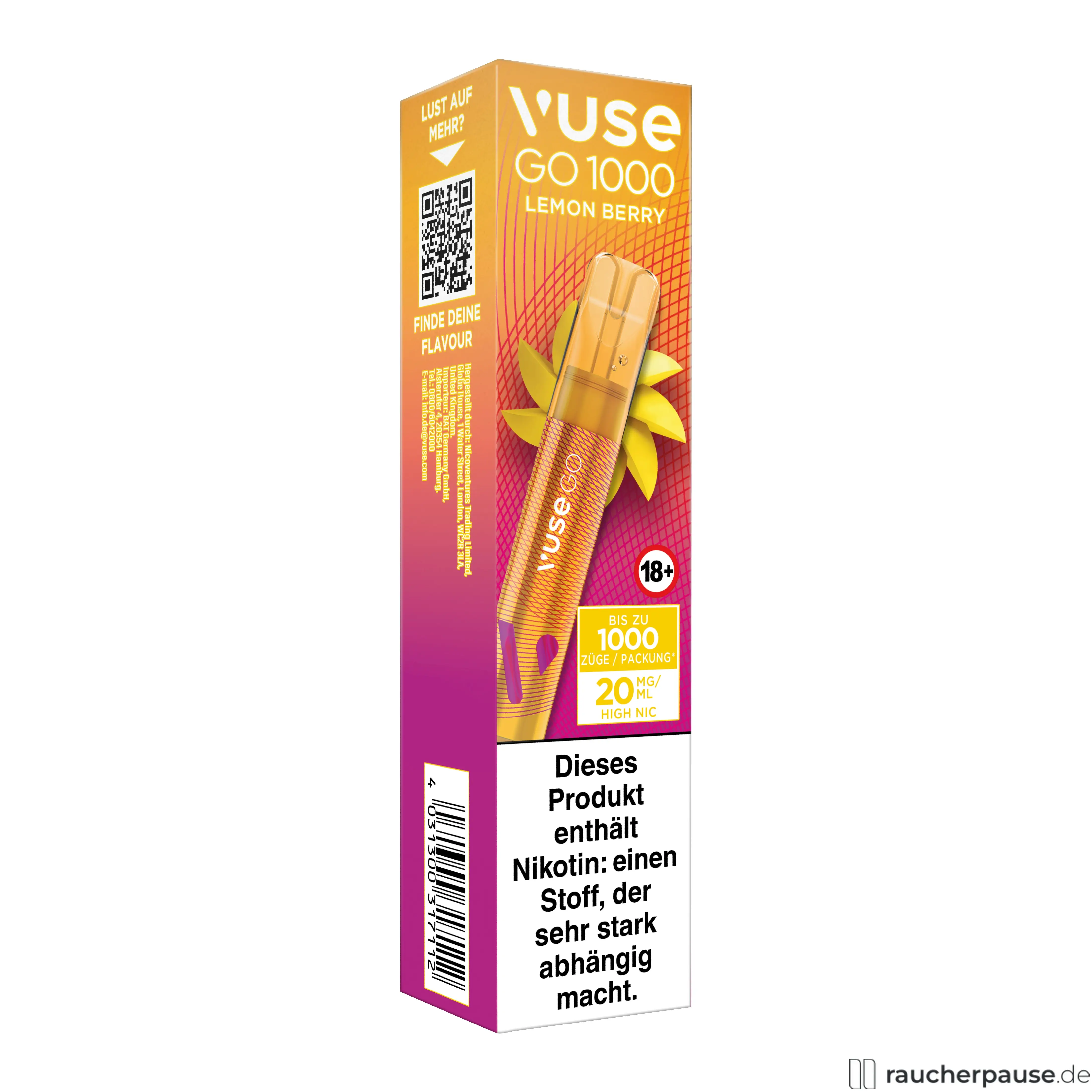 Vuse GO 1000 E-Shisha Lemon Berry 20 mg/ml Nikotin in schmaler, orange-pinkfarbener Verpackung mit weißem Logo und bunten Blättern im Hintergrund.