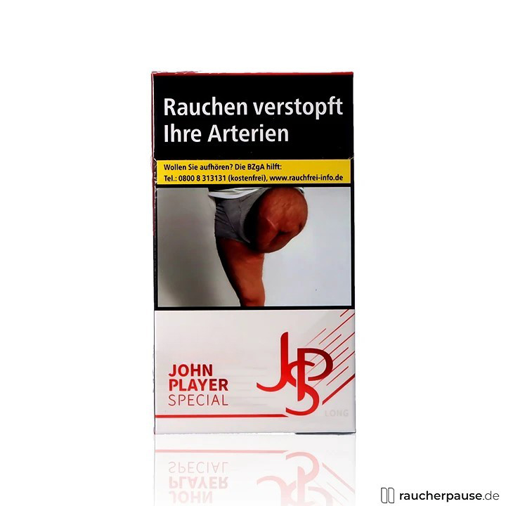 Schwarze Zigarettenbox von John Player Special mit rotem Logo auf weißem Hintergrund, quadratische Form, JPS Red Long Zigaretten, 20 Stk. pro Packung, kräftig-würziger Geschmack.