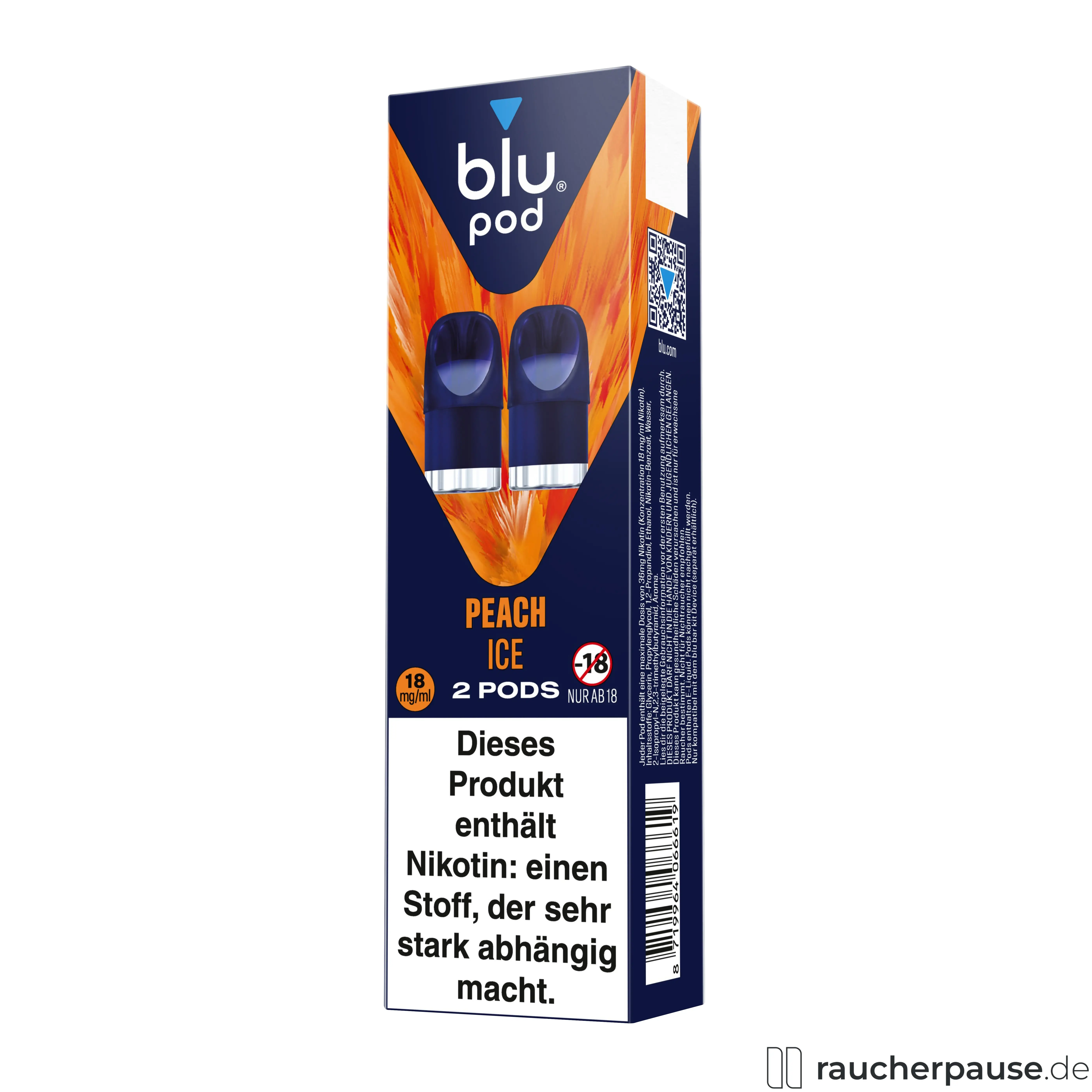 Blu Pod Peach Ice 18mg/ml Nikotin in blauer und orangefarbener Verpackung mit 2 Pods und Logo.