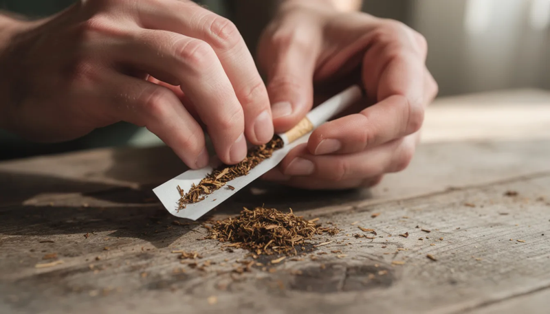 Hände die auf einem Holztisch eine Zigarette mit loosem Ducal Tabak drehen
