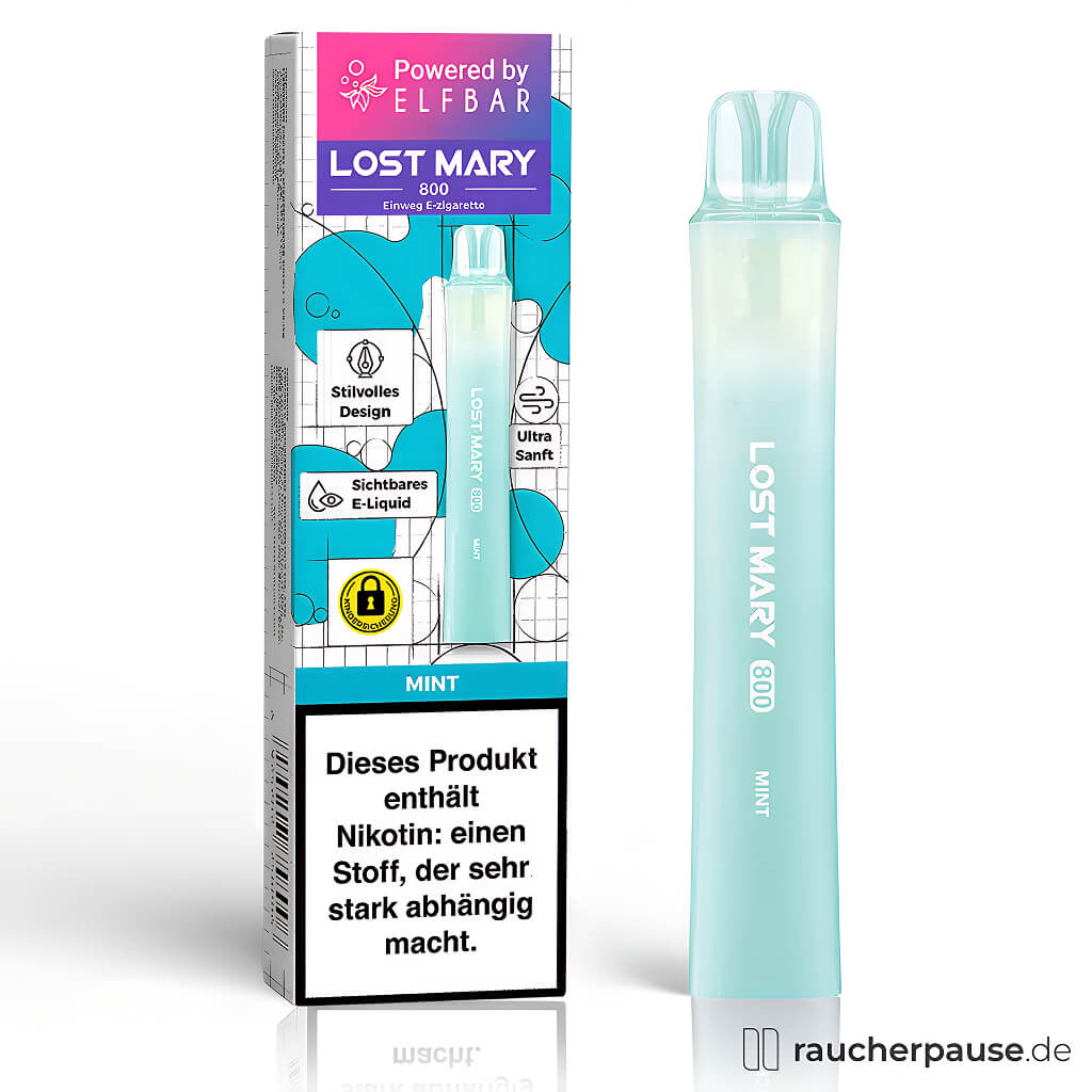 Lost Mary 800 Einweg E-Zigarette von Elfbar in Türkis mit stilvollem Schmetterling-Logo und farbenfrohem Blau-Türkis-Design, 20 mg/ml Nikotin, Mint-Geschmack.