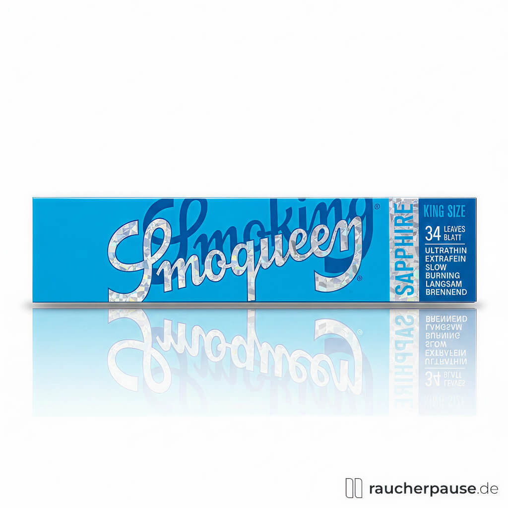 Smoking Smoqueen Sapphire King Size Blättchen in eleganter blauer Box mit silbernem Rand und modernem Logo auf blauem Hintergrund.