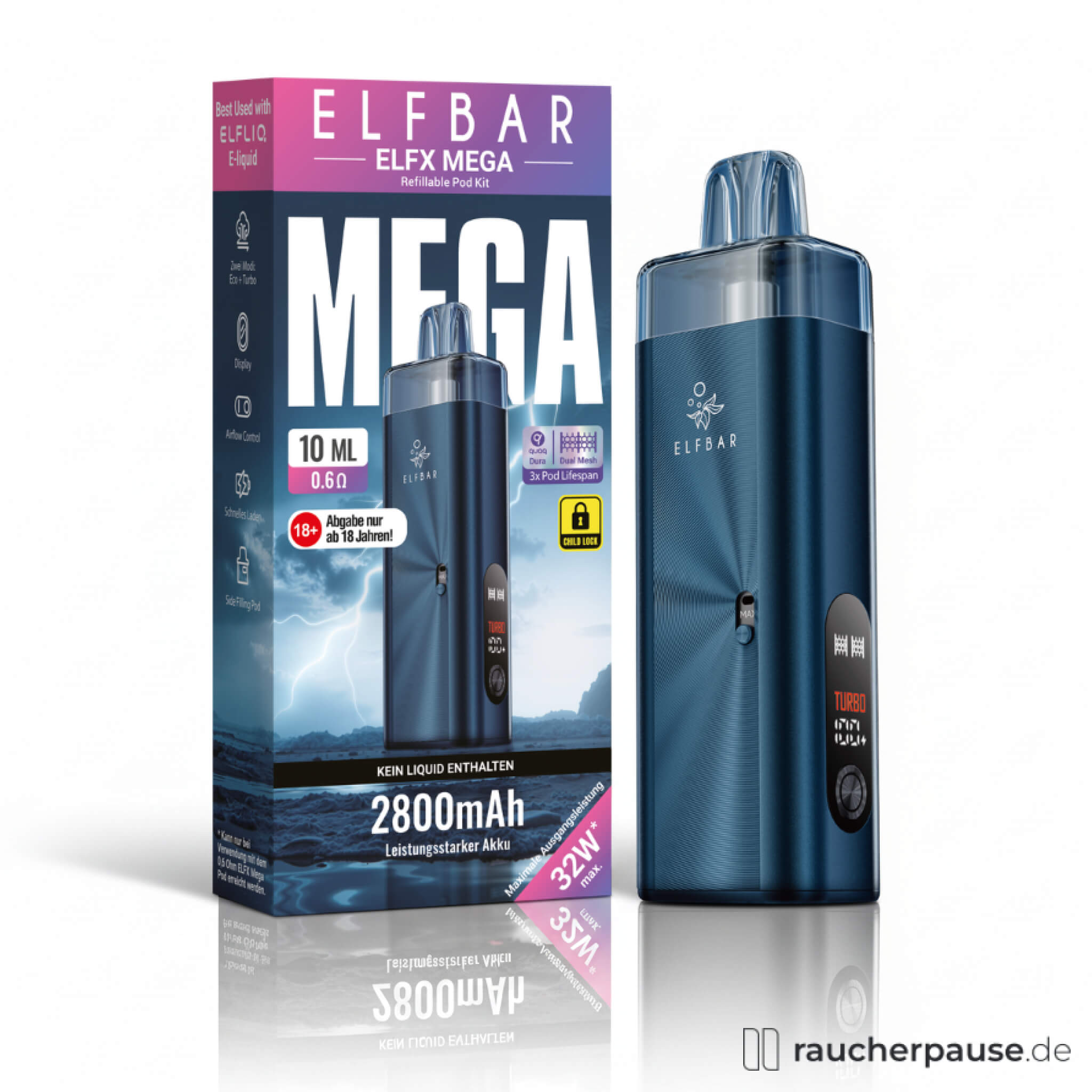 Elfbar ELFX Mega Pod Kit Navy | 2800 mAh E-Zigarette für MTL & RDL | Dual Mesh Coil, 10 ml Tank, Turbo & Eco Modus