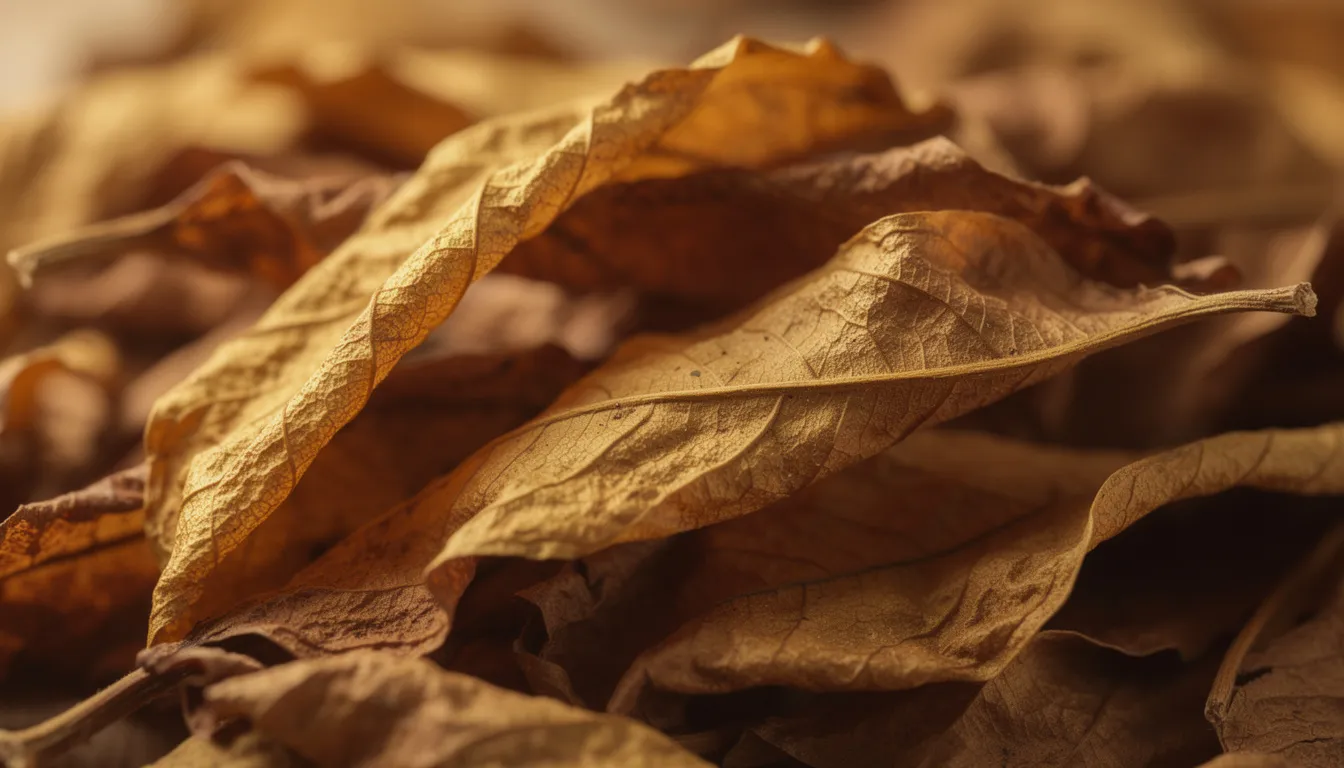 Die Nahaufnahme zeigt goldbraune Tabakblätter, die eine reichhaltige Tabakmischung repräsentieren. Diese Blätter sind ein wesentlicher Bestandteil für die Herstellung von Zigaretten, wie beispielsweise der beliebten Marke Pall Mall.