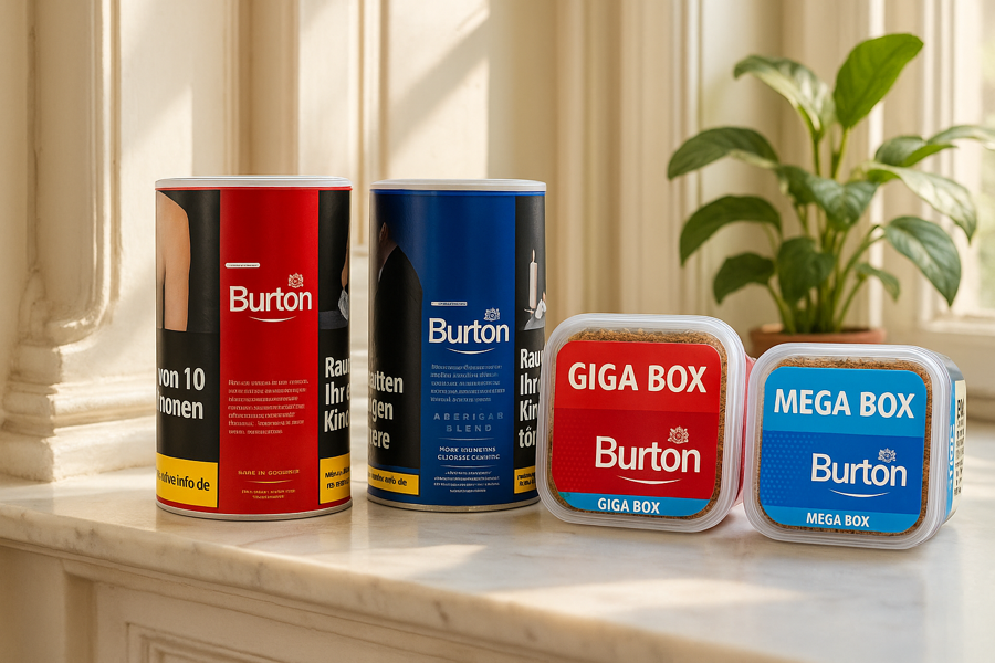 Burton Tabak in der Giga und Mega Box in rot und blau und Dose in rot und blauer Sorte auf einer Marmorfensterbank