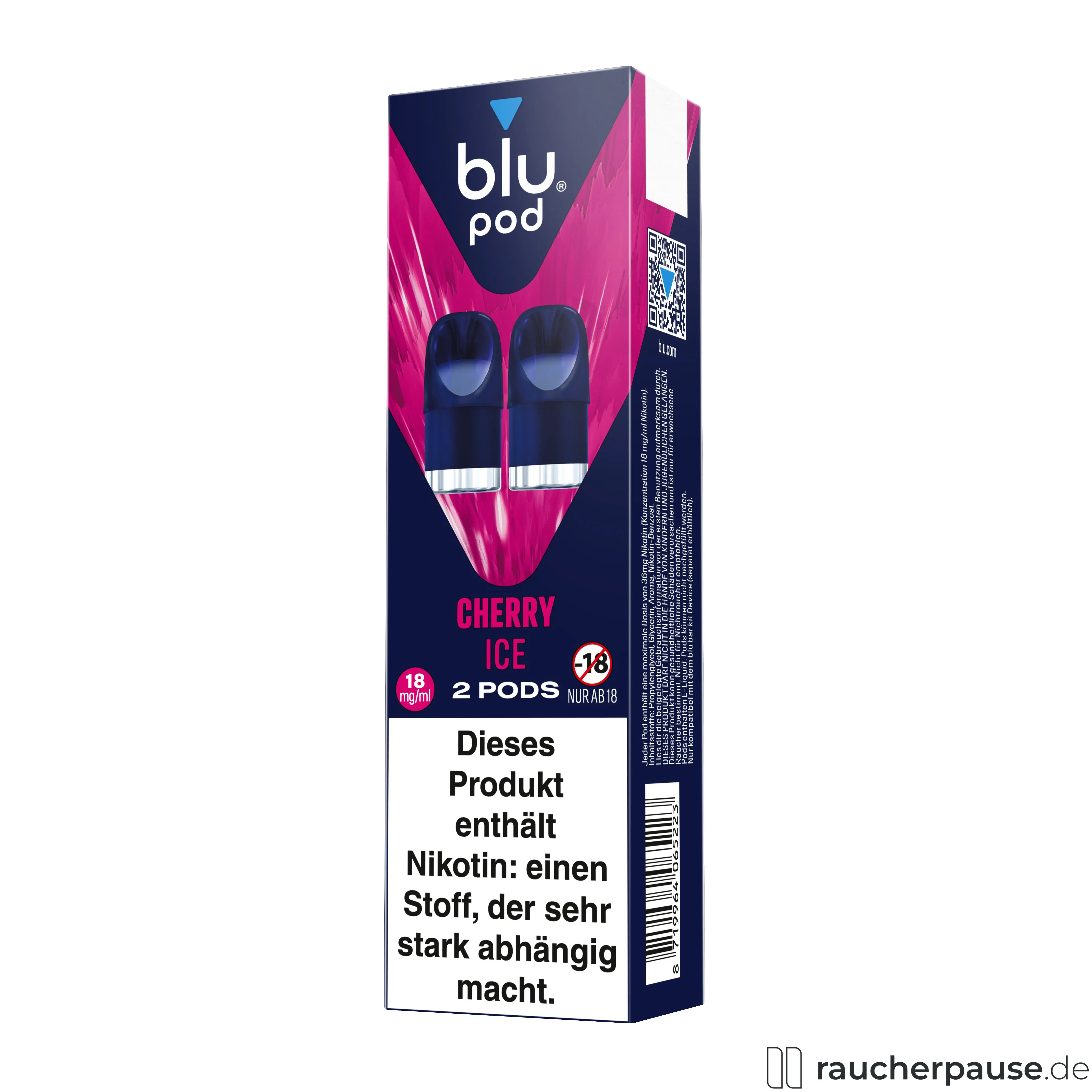 Blu Pod Cherry Ice 18mg/ml Nikotin, 2 Pods, mit rotem Cherry-Ice-Design, kompatibel mit Blu Bar Kit E-Zigarette