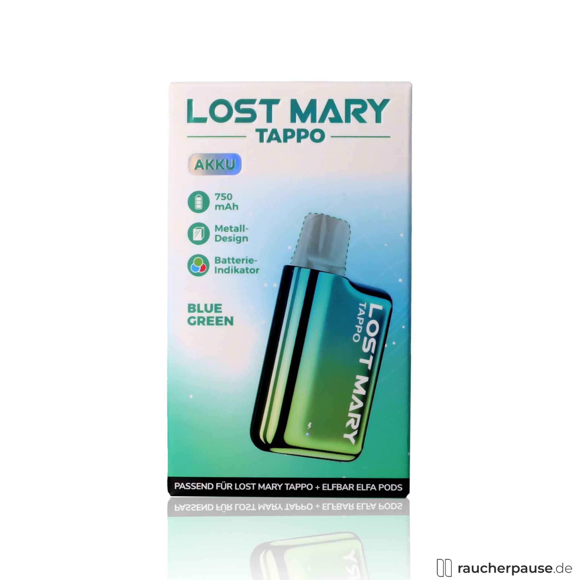 Lost Mary Tappo Akkuträger | 750mAh | Blau-Grün | USB-C | Für Tappo & Elfa Pods lost mary, lost mary tappo blue green akkutraeger usb c fuer tappo elfa pods , packshot seitlich