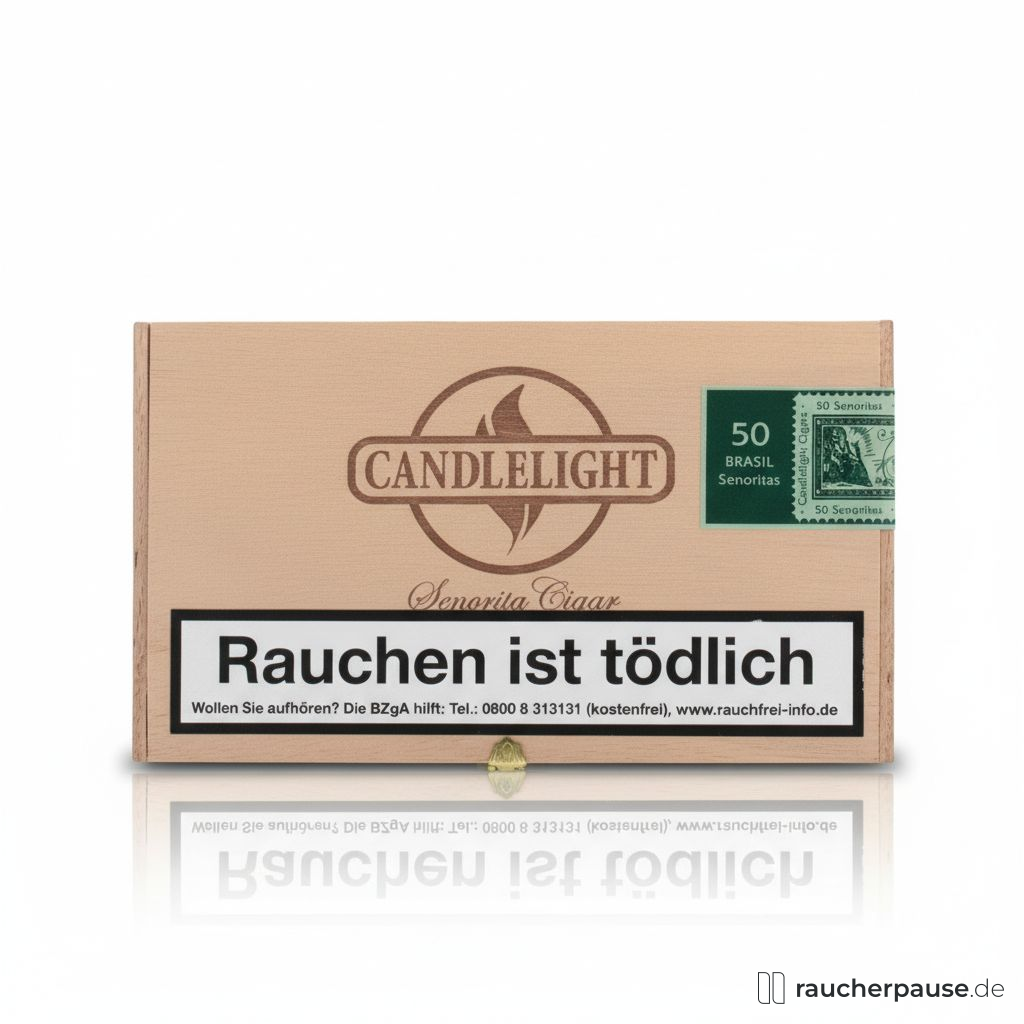 Candlelight Club Brasil Zigarillos, 100mm, in einer eleganten braunen Holzbox mit grüner Etikette und Logo 'Candlelight' und 'Senorita Cigar' Aufschrift.