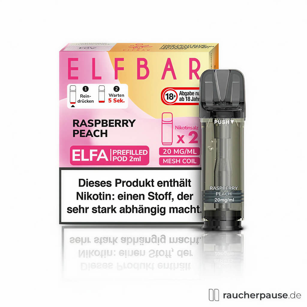 Elfbar ELFA Raspberry Peach Pods 20mg/ml Nikotinsalz 2er Pack in rosa-gelber quadratischer Box mit großem roten ELF BAR Logo im modern-minimalistischen Design.