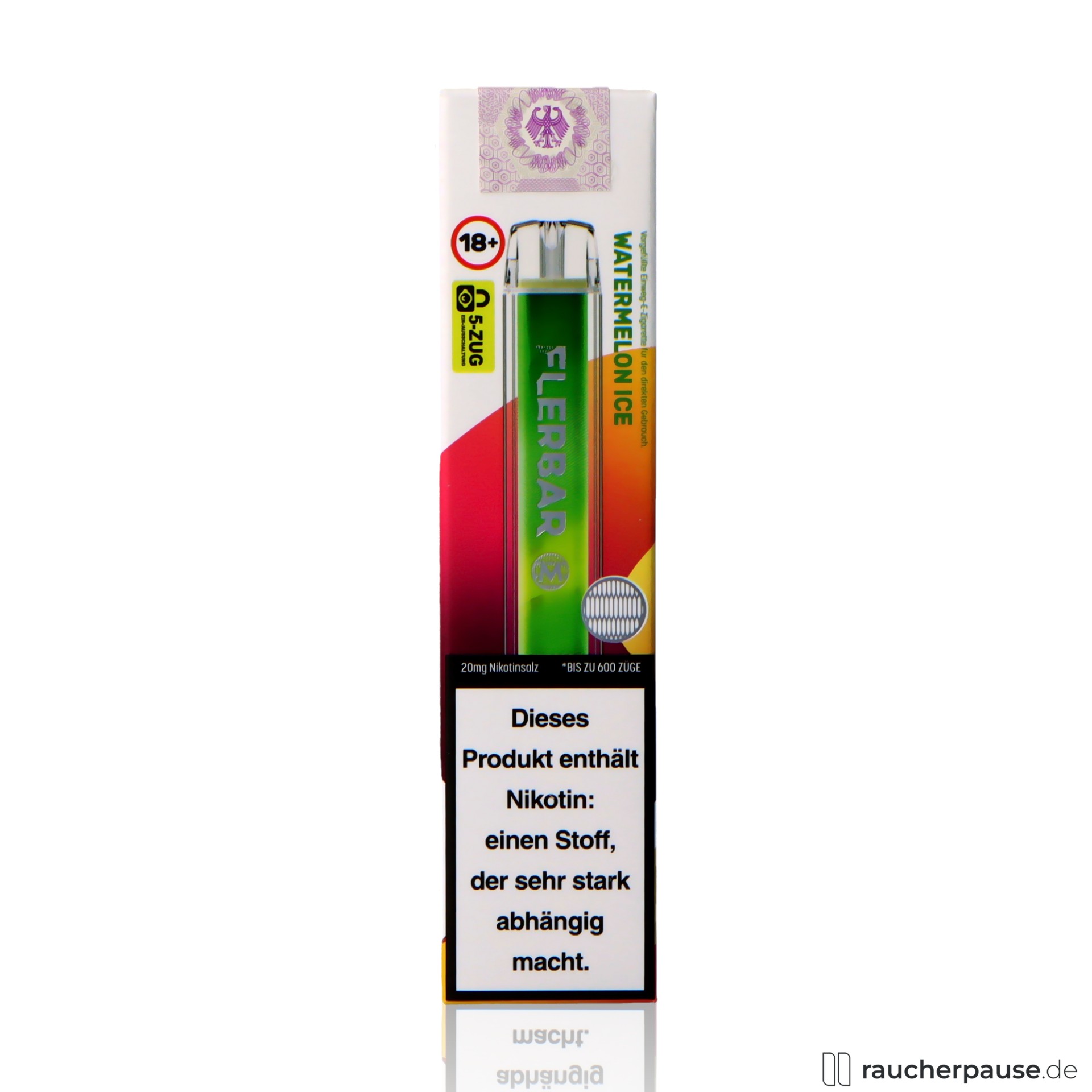 Flerbar Einweg Vape | Watermelon Ice | 600 Züge | 20 mg/ml Nikotin | Wassermelone & Ice flerbar, flerbar einweg vape watermelon ice zuege ml nikotin wassermelone ice , packshot seitlich