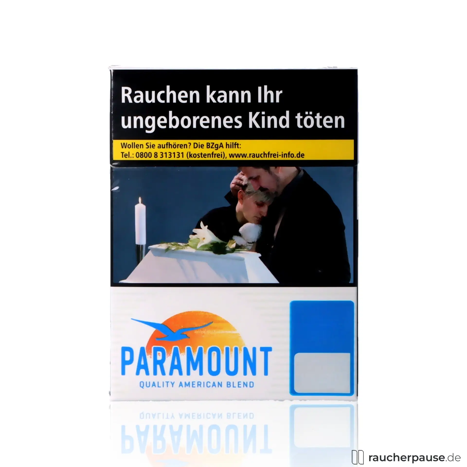 Paramount Blue Zigaretten, 28 Stk. pro Packung, King Size, American Blend in blauer und orangefarbener Box mit Logo eines blauen Vogels auf Sonnenschein-Hintergrund.