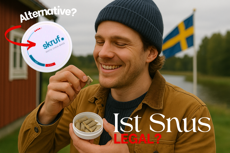 "Ist Snus legal?" Slogan und Snus Alternative, zeigt einen Mann mitte 30 mit der schwedischen Flagge im Hintergrund